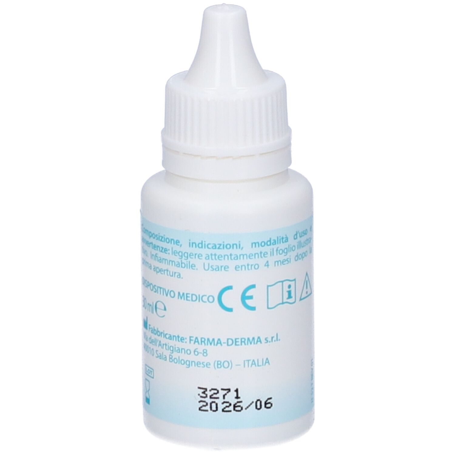 Ialoclean Gocce Otologiche. Flacone bianco con scritte blu. Marchio dispositivo medico e informazioni produttore.
