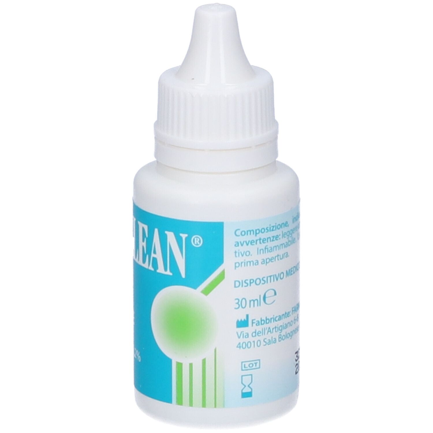 Ialoclean Gocce Otologiche. Flacone bianco con etichetta blu. Nome del prodotto e indicazione del volume.