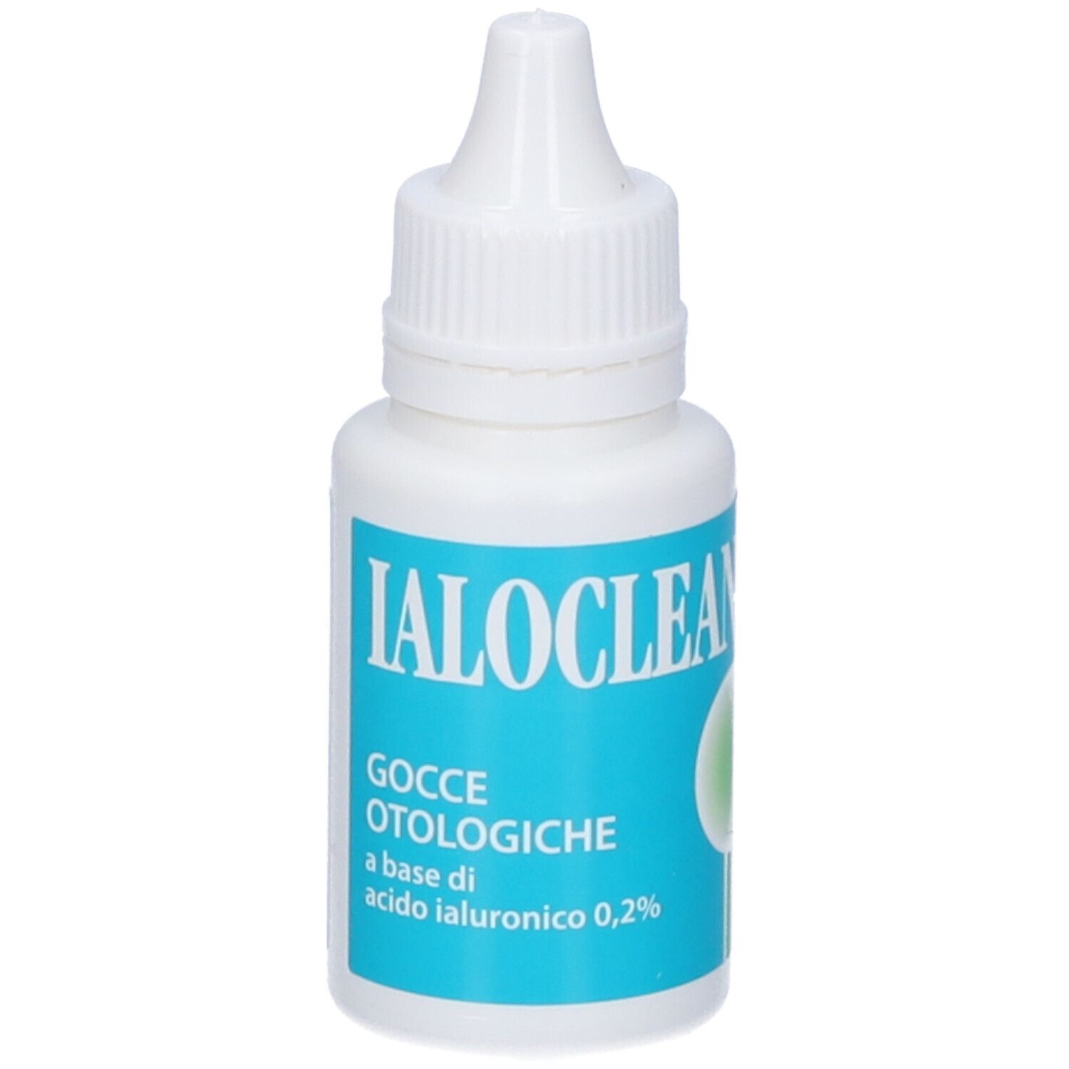 Ialoclean Gocce Otologiche. Flacone bianco con etichetta blu. Nome del prodotto e ingredienti ben visibili.