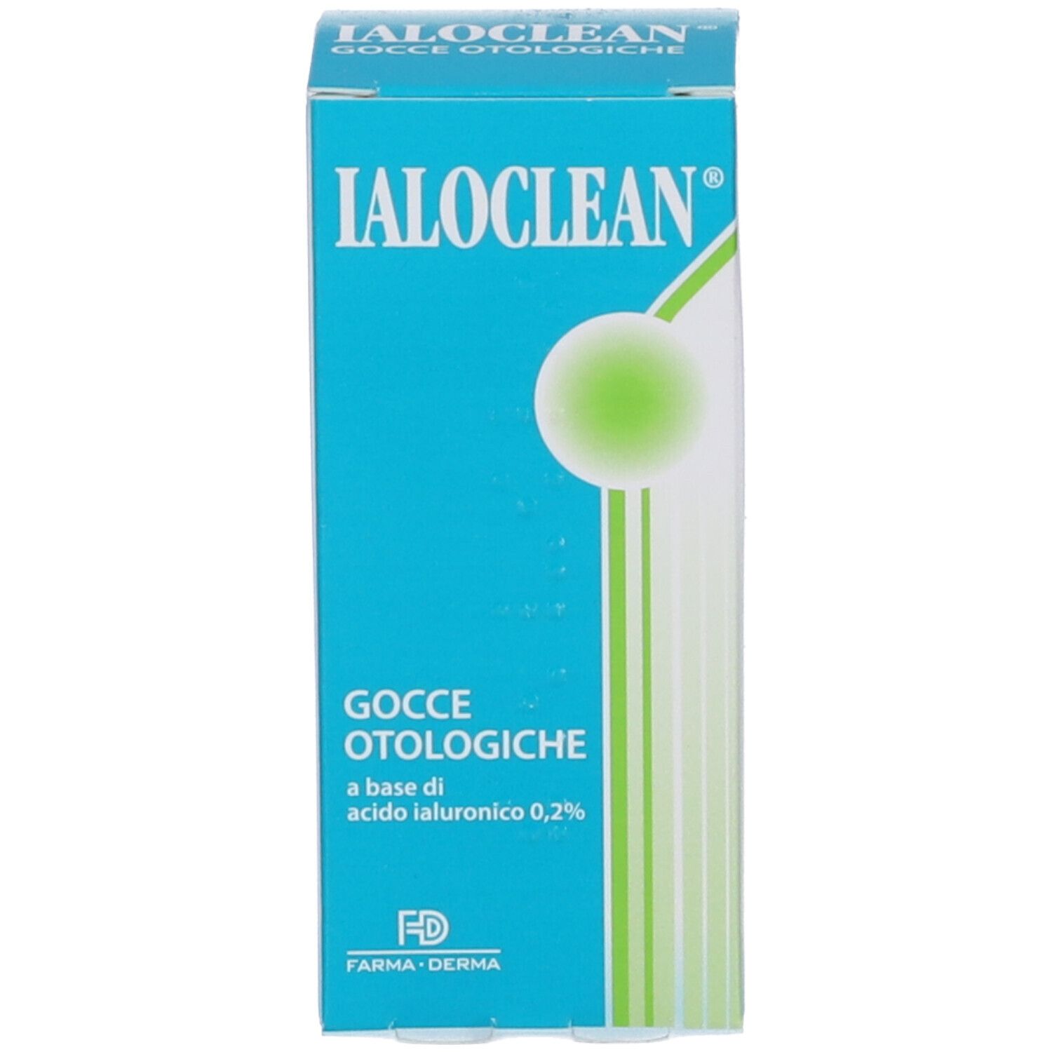 Ialoclean Gocce Otologiche. Scatola blu con informazioni sul prodotto. Nome e logo ben visibili.