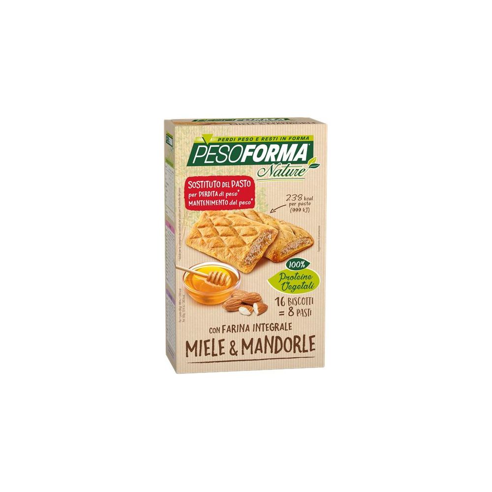 Confezione di biscotti Pesoforma Nature, Miele & Mandorle, 16 pezzi. Immagine di biscotti, miele e mandorle. Informazioni nutrizionali.