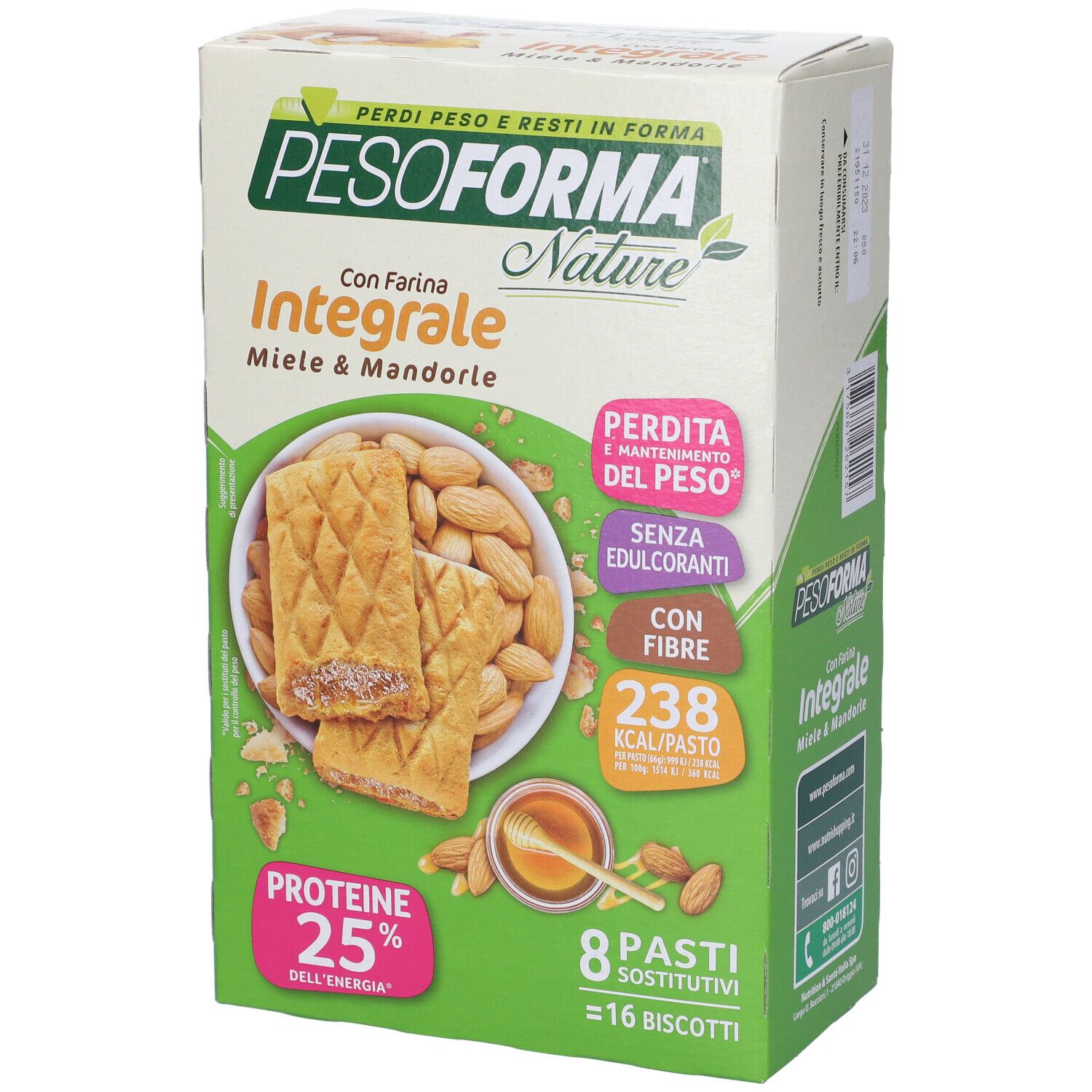 Confezione di biscotti Pesoforma Nature, Miele & Mandorle, 16 pezzi. Immagine di biscotti, miele e mandorle. Informazioni nutrizionali.