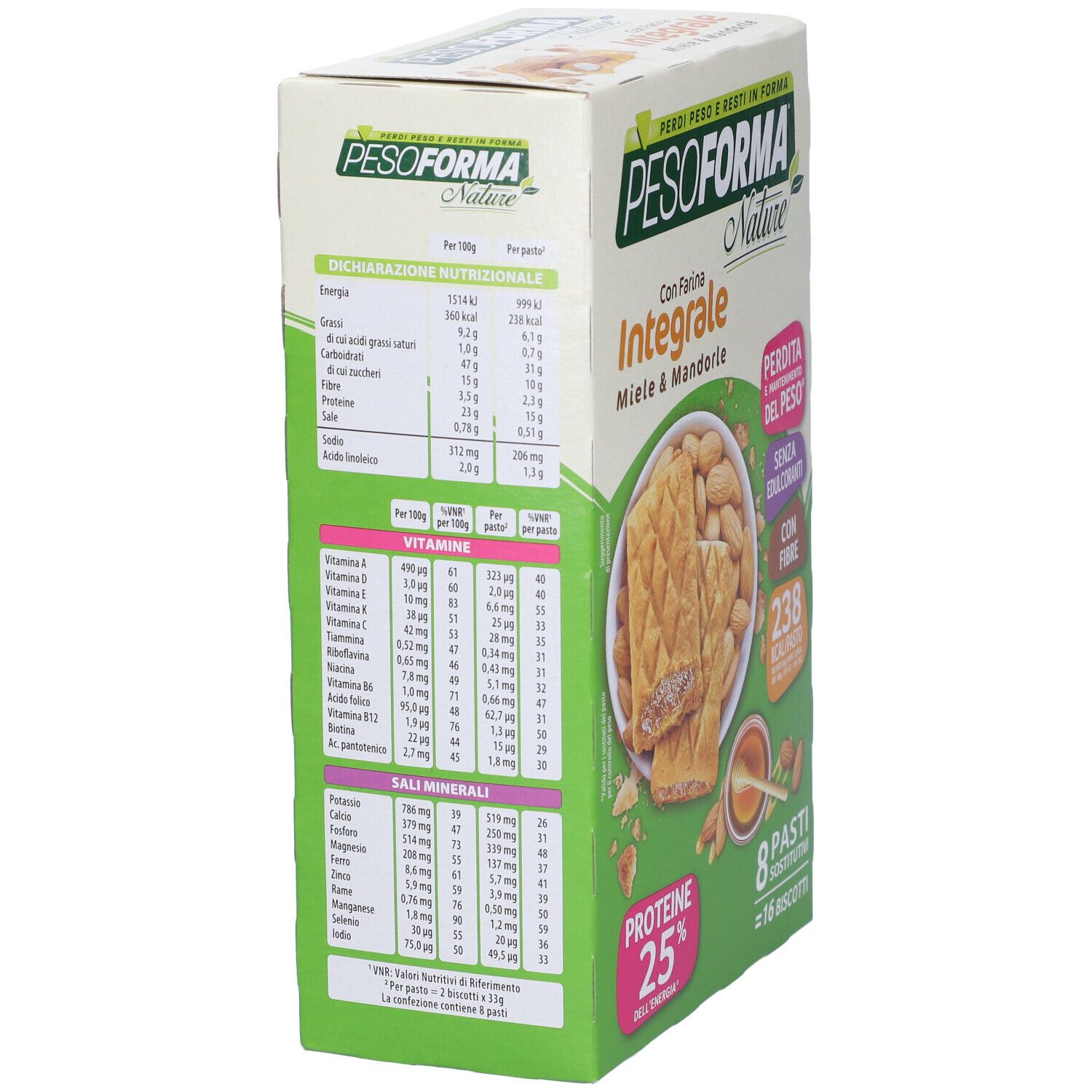 Confezione di biscotti Pesoforma Nature, Miele & Mandorle, 16 pezzi. Immagine di biscotti, miele e mandorle. Informazioni nutrizionali.