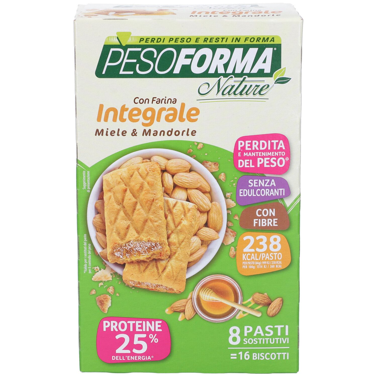 Confezione di biscotti Pesoforma Nature, Miele & Mandorle, 16 pezzi. Immagine di biscotti, miele e mandorle. Informazioni nutrizionali.