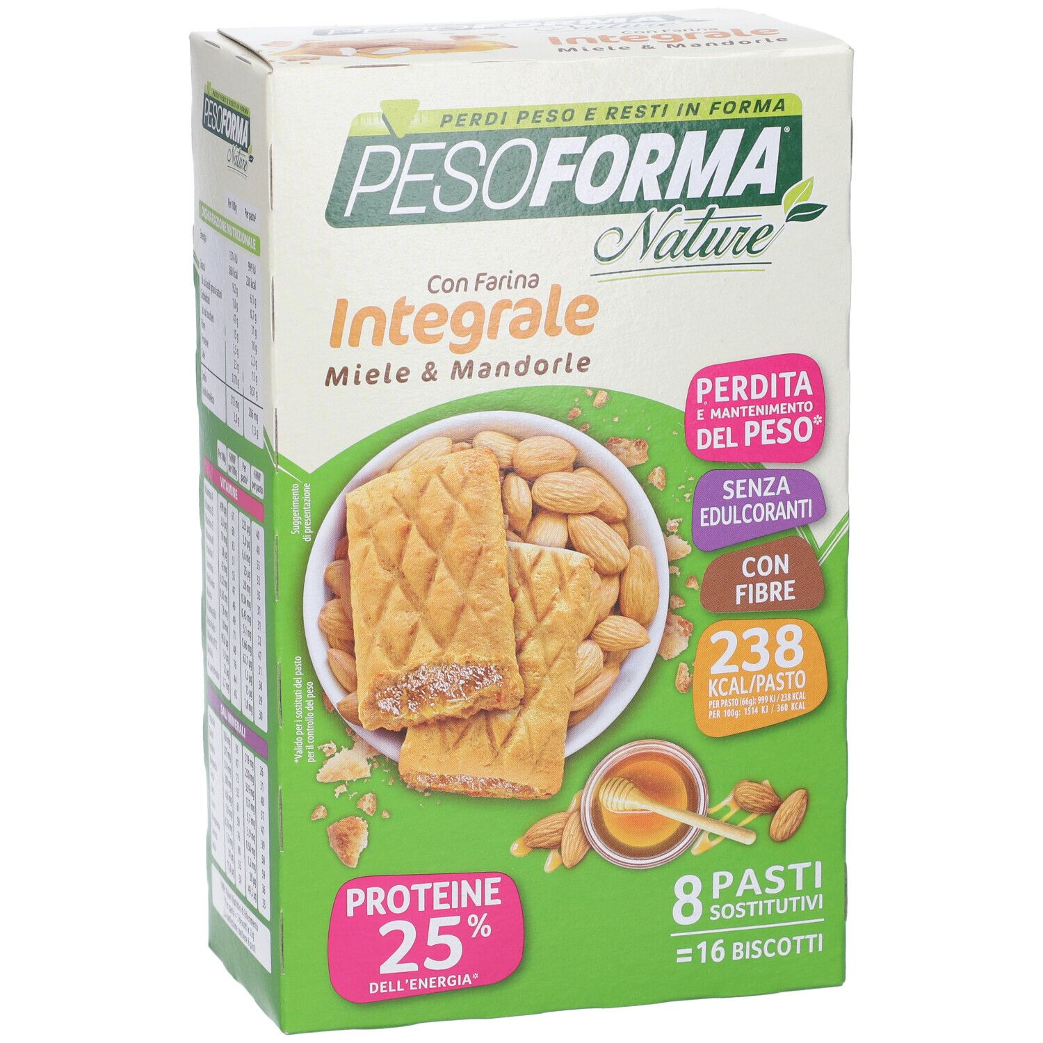 Confezione di biscotti Pesoforma Nature, Miele & Mandorle, 16 pezzi. Immagine di biscotti, miele e mandorle. Informazioni nutrizionali.