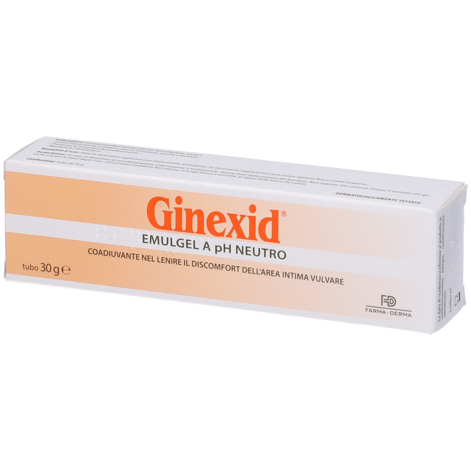 Confezione in cartone bianco e arancione. Scritte in italiano. Nome del prodotto e indicazioni visibili.