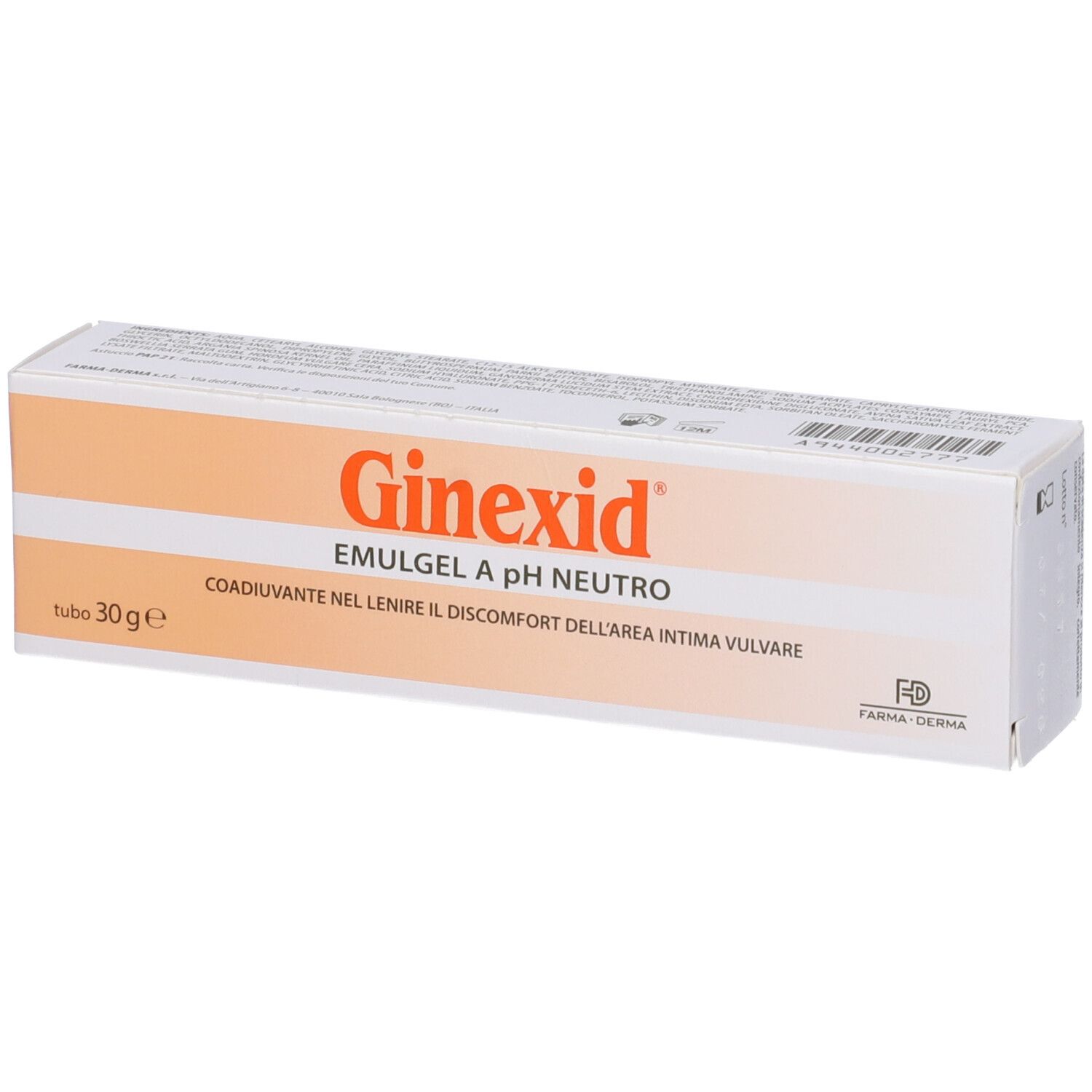 Confezione in cartone bianco e arancione. Scritte in italiano. Nome del prodotto e indicazioni visibili.