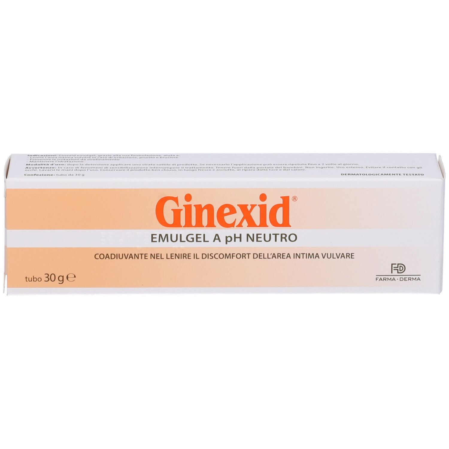 Confezione in cartone bianco e arancione. Scritte in italiano. Nome del prodotto e indicazioni visibili.
