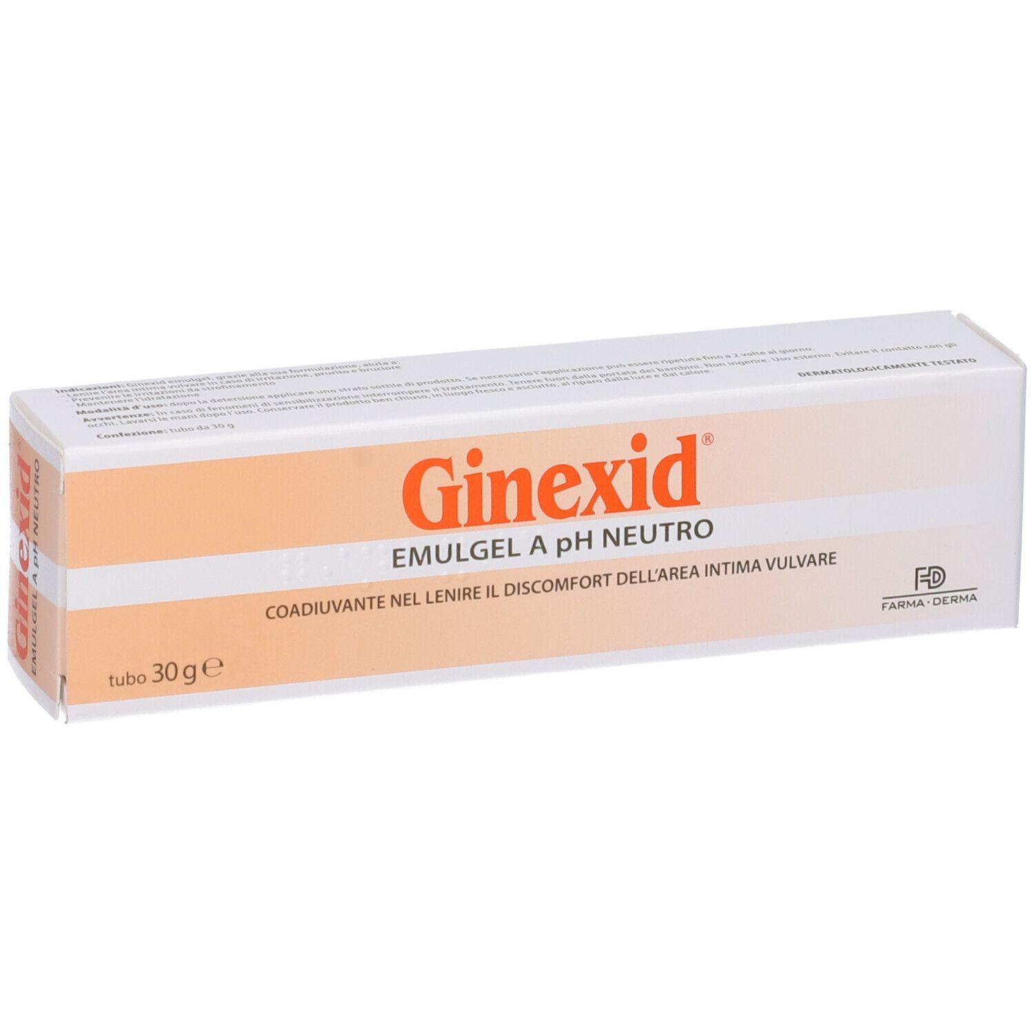 Confezione in cartone bianco e arancione. Scritte in italiano. Nome del prodotto e indicazioni visibili.