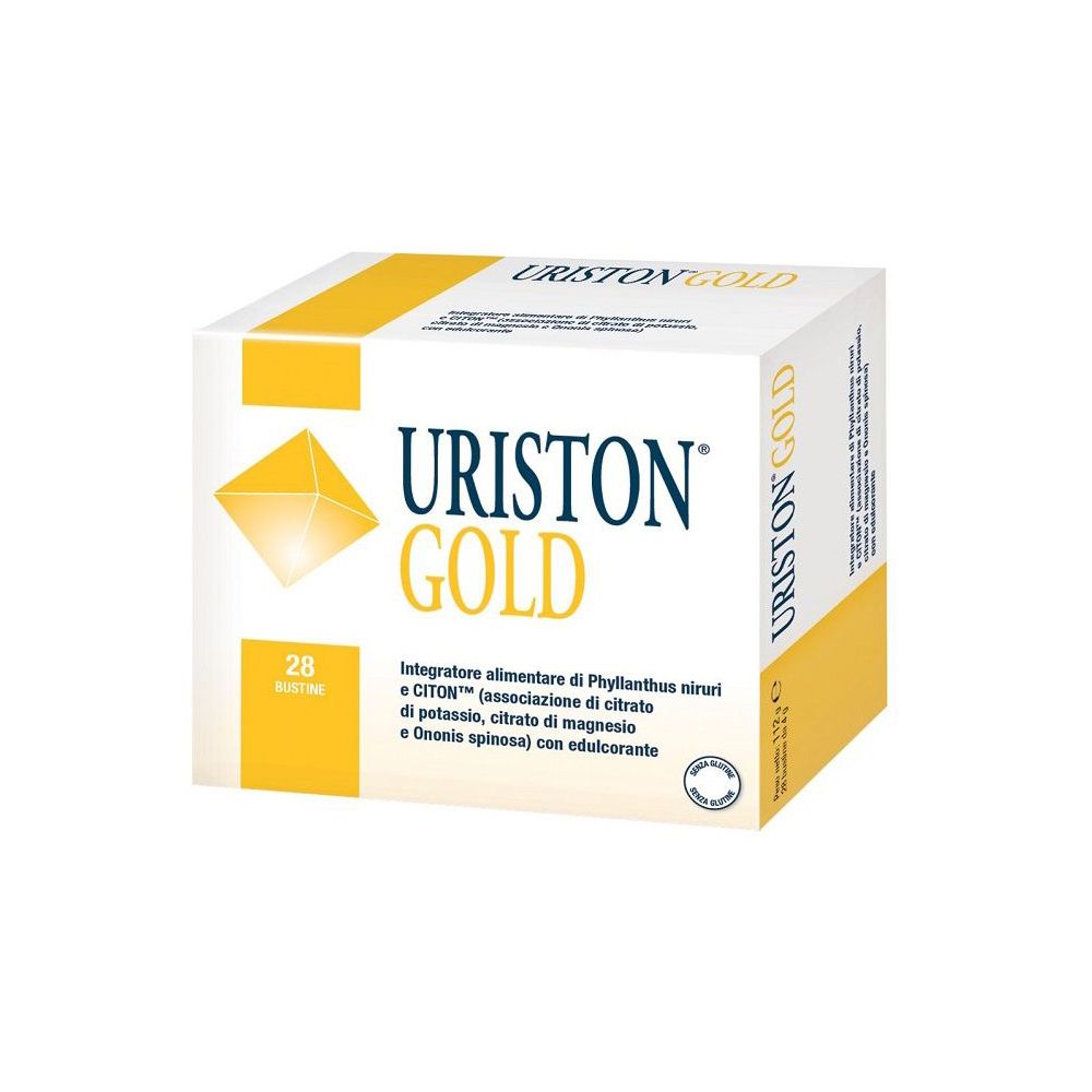 Scatola bianca e gialla. Scritta Uriston Gold e 28 Bustine. Contiene integratore alimentare.