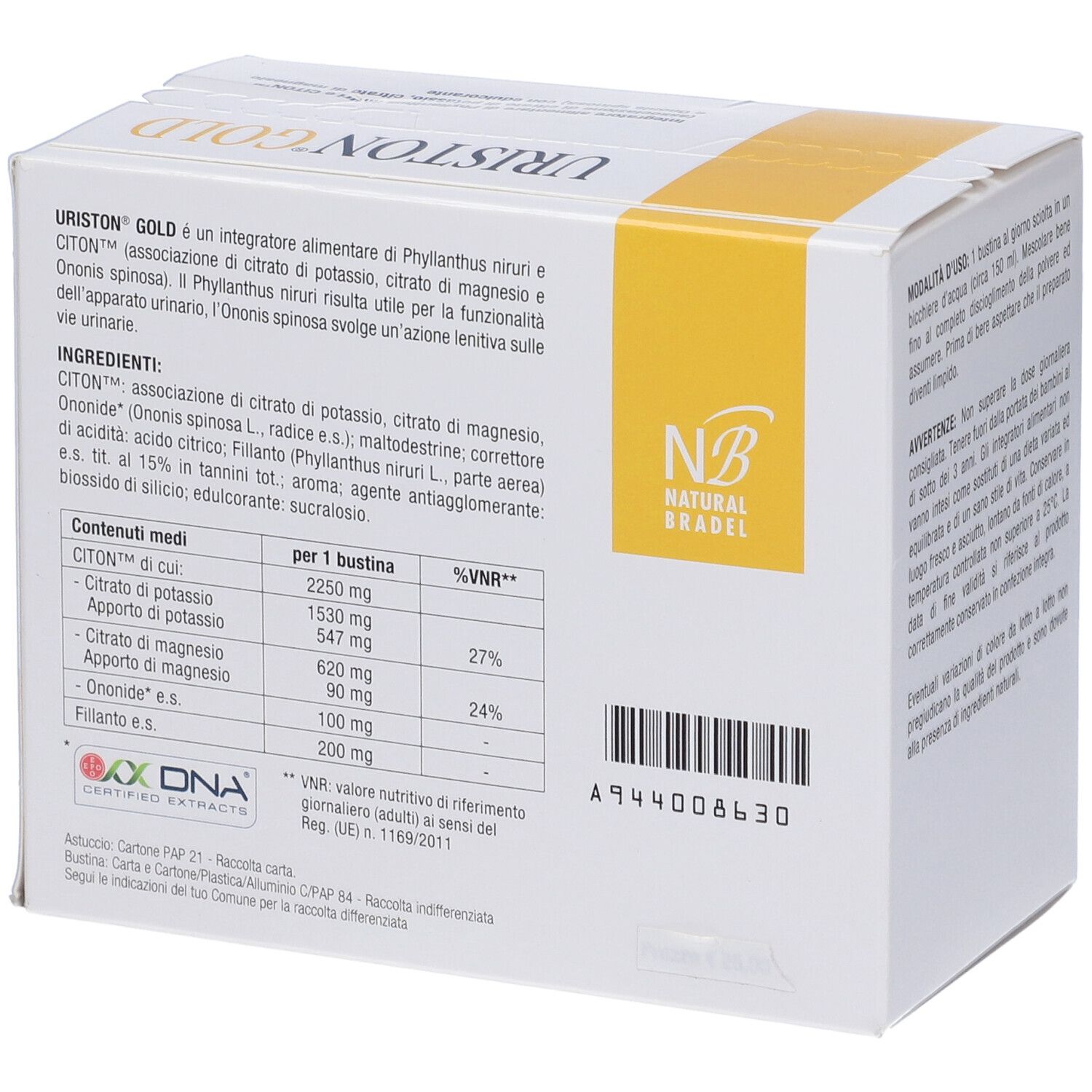 Scatola bianca e gialla. Scritta Uriston Gold e 28 Bustine. Integratore alimentare.