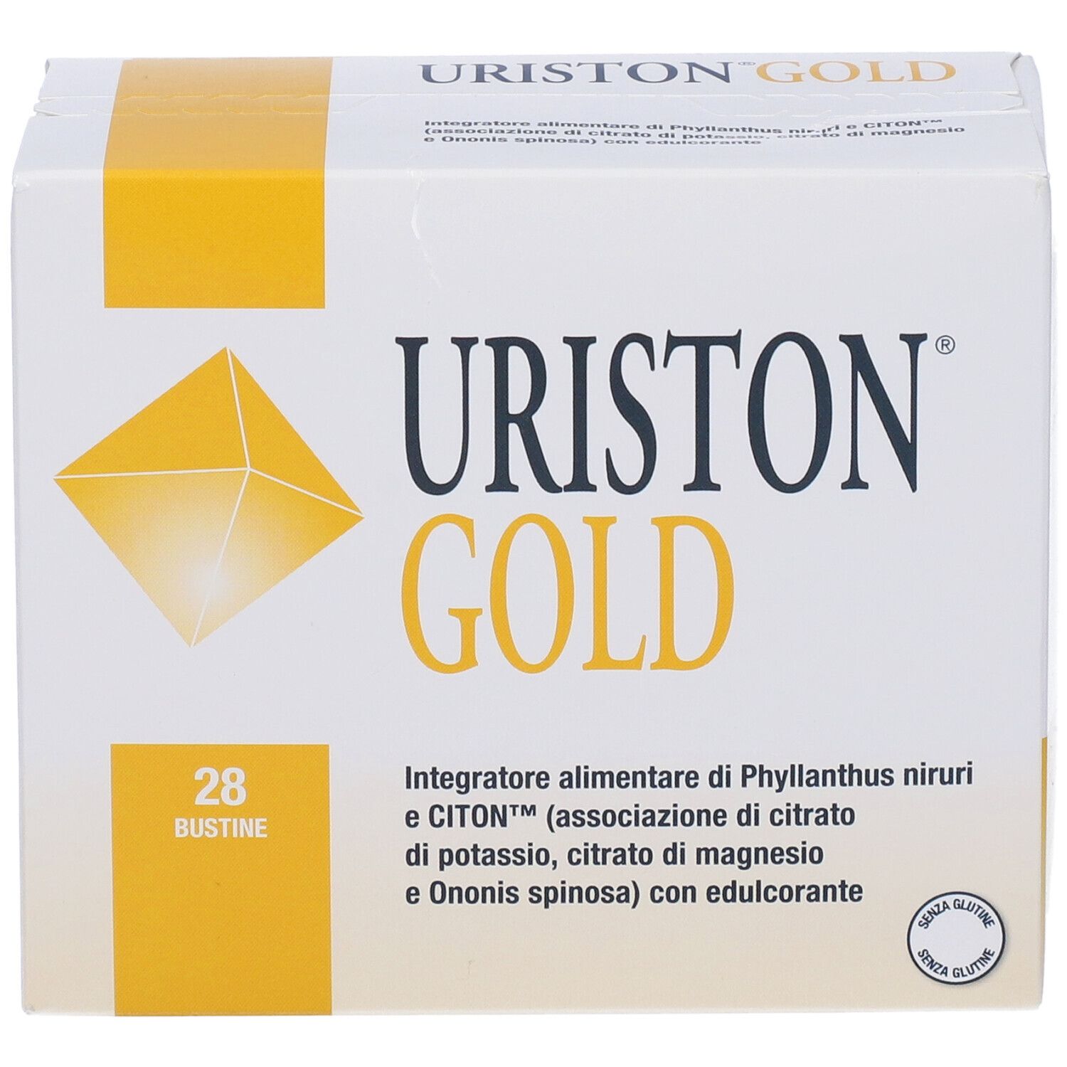 Scatola bianca e gialla. Scritta Uriston Gold e 28 Bustine. Integratore alimentare.