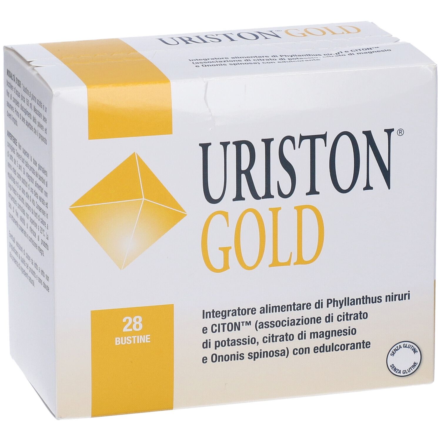 Scatola bianca e gialla. Scritta Uriston Gold e 28 Bustine. Integratore alimentare.