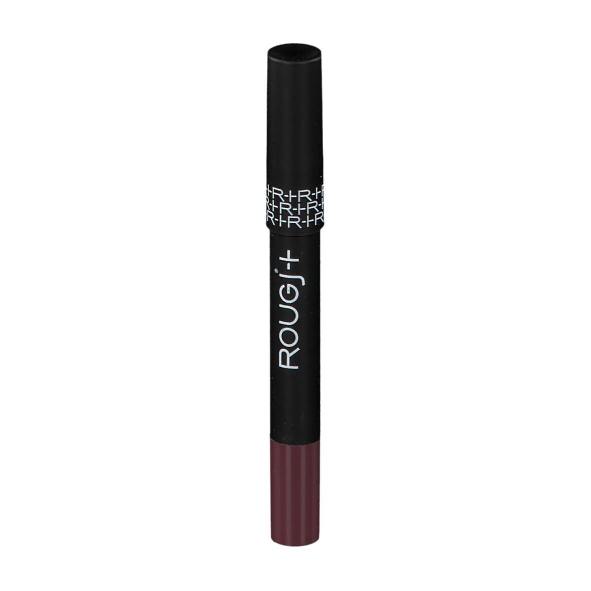 Lippenstift, dunkelbraun, mit schwarzem Deckel. Marke ROUGJ+ ist sichtbar.