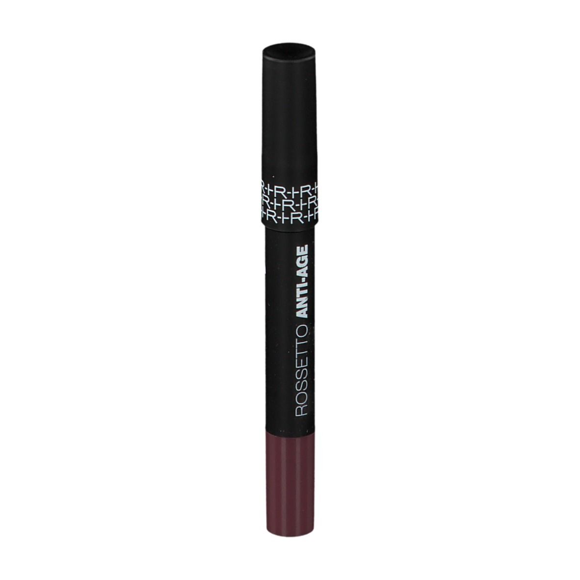 Dunkelbrauner Lippenstift mit schwarzem Deckel. Aufschrift: ROSSETTO ANTI-AGE.