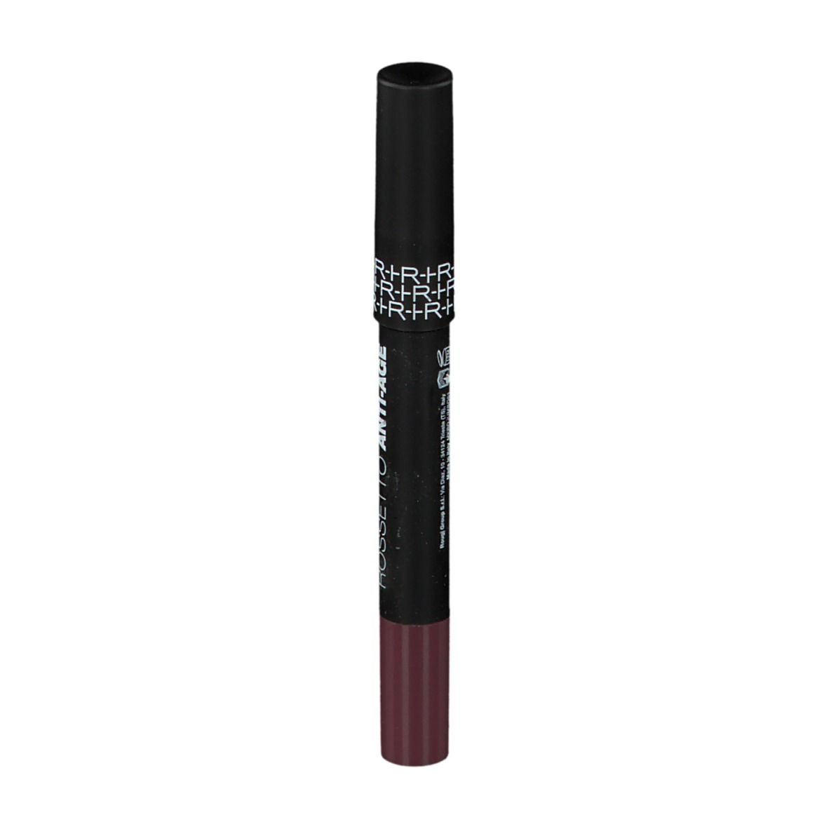 Dunkelbrauner Lippenstift mit schwarzem Deckel. Aufschrift: ROSSETTO ANTIAGE.