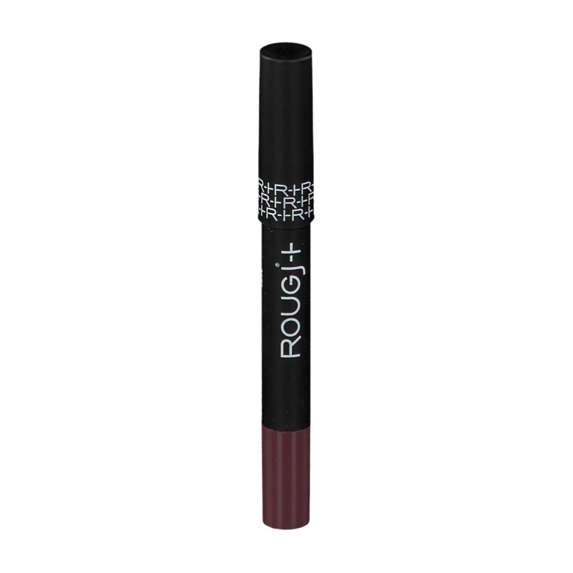 Dunkelbrauner Lippenstift mit schwarzem Deckel. Marke ROUGJ+ ist sichtbar.