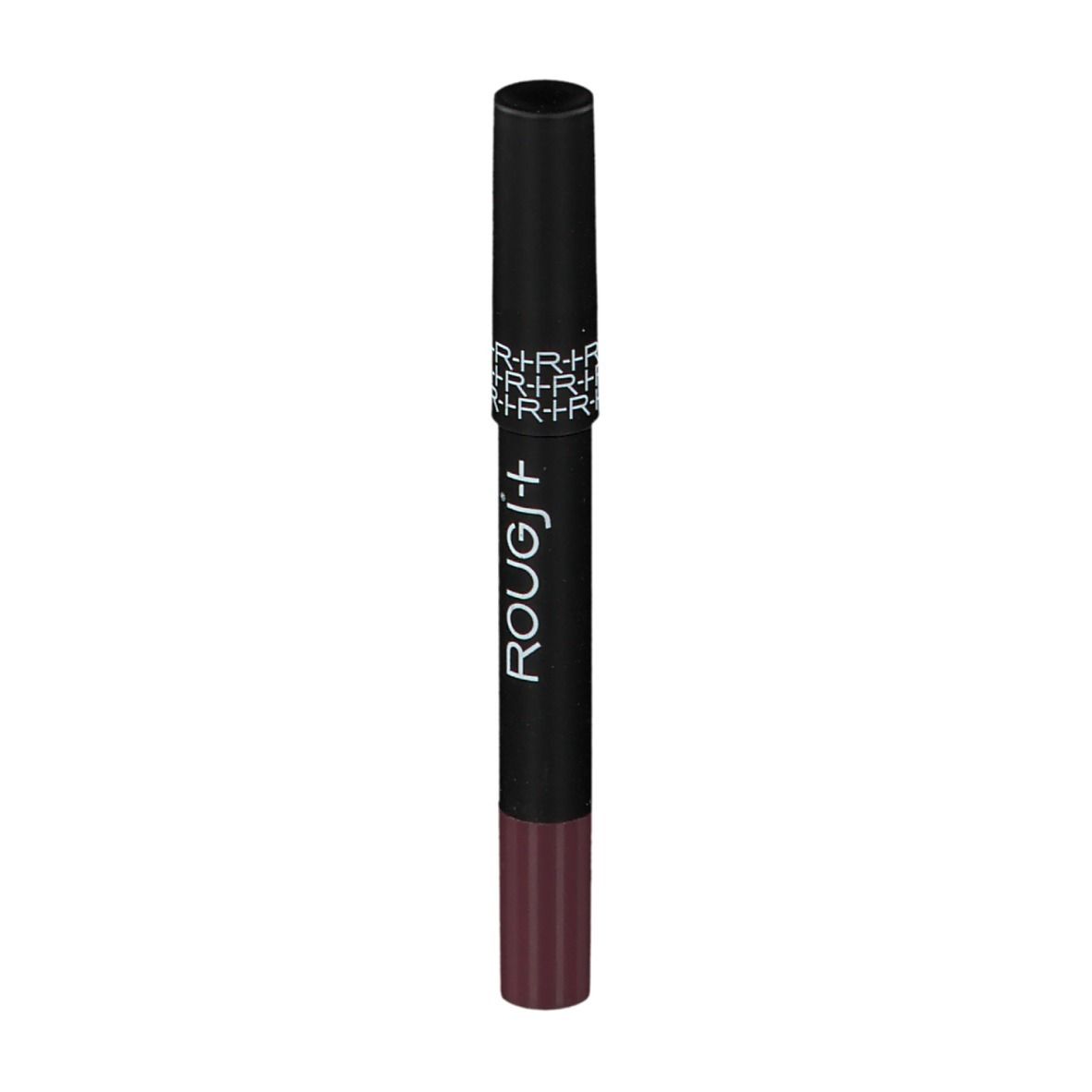 Dunkelbrauner Lippenstift mit schwarzem Deckel. Marke ROUGJ+ ist sichtbar.