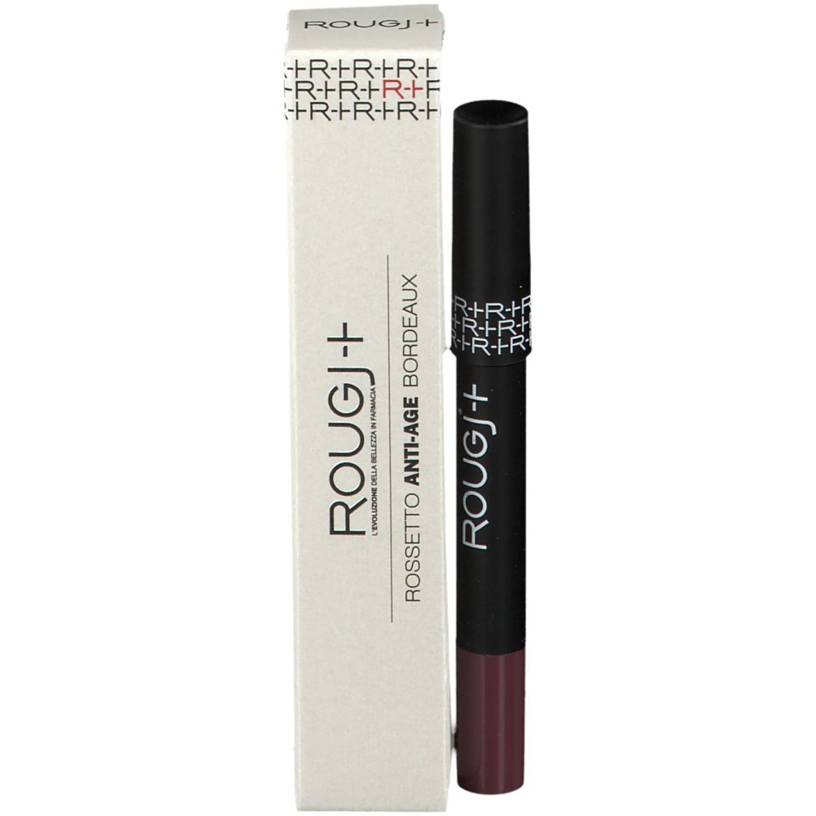 Lippenstift und Verpackung. Aufschrift: ROUGJ+ ROSSETTO ANTI-AGE BORDEAUX.