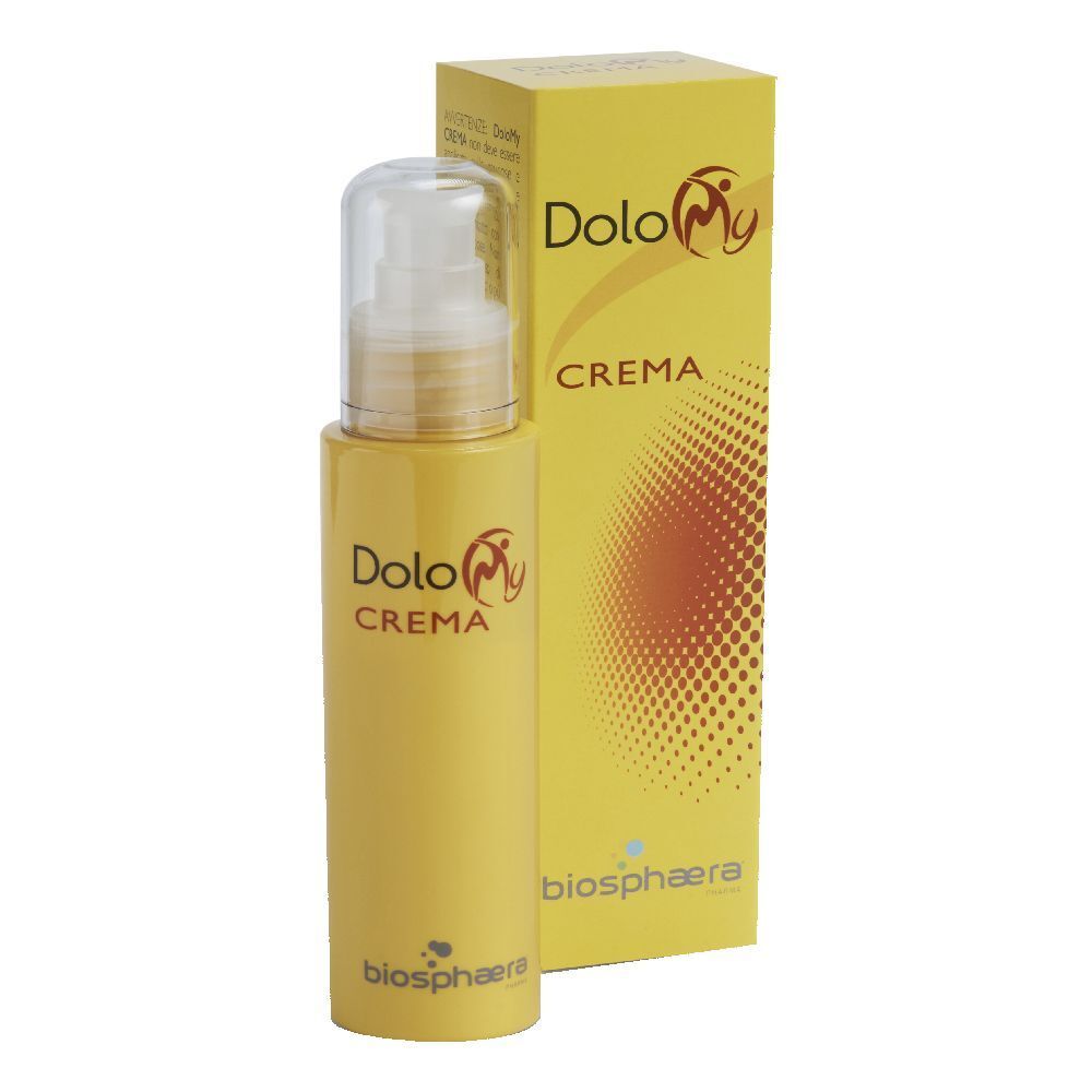 Flacone giallo con dosatore e scatola gialla. Scritta: DoloMy Crema. Logo Biosphaera.