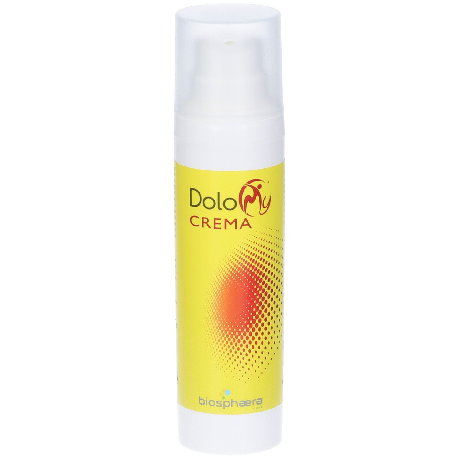 Flacone bianco con dosatore. Scritta: DoloMy Crema. Sfondo giallo con cerchio rosso.