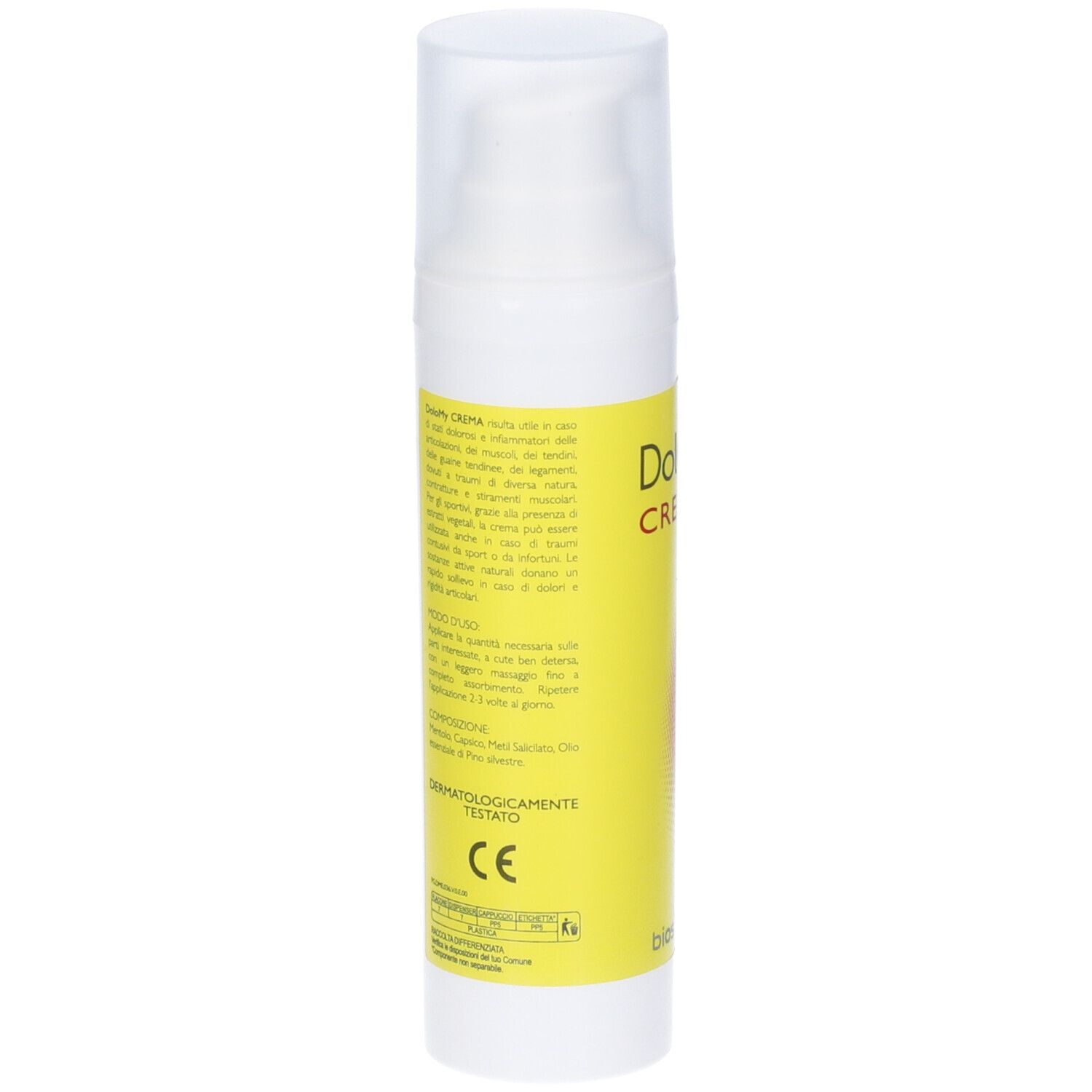Flacone bianco con dosatore. Sfondo giallo con testo. Scritta: DoloMy Crema. Marchio CE.