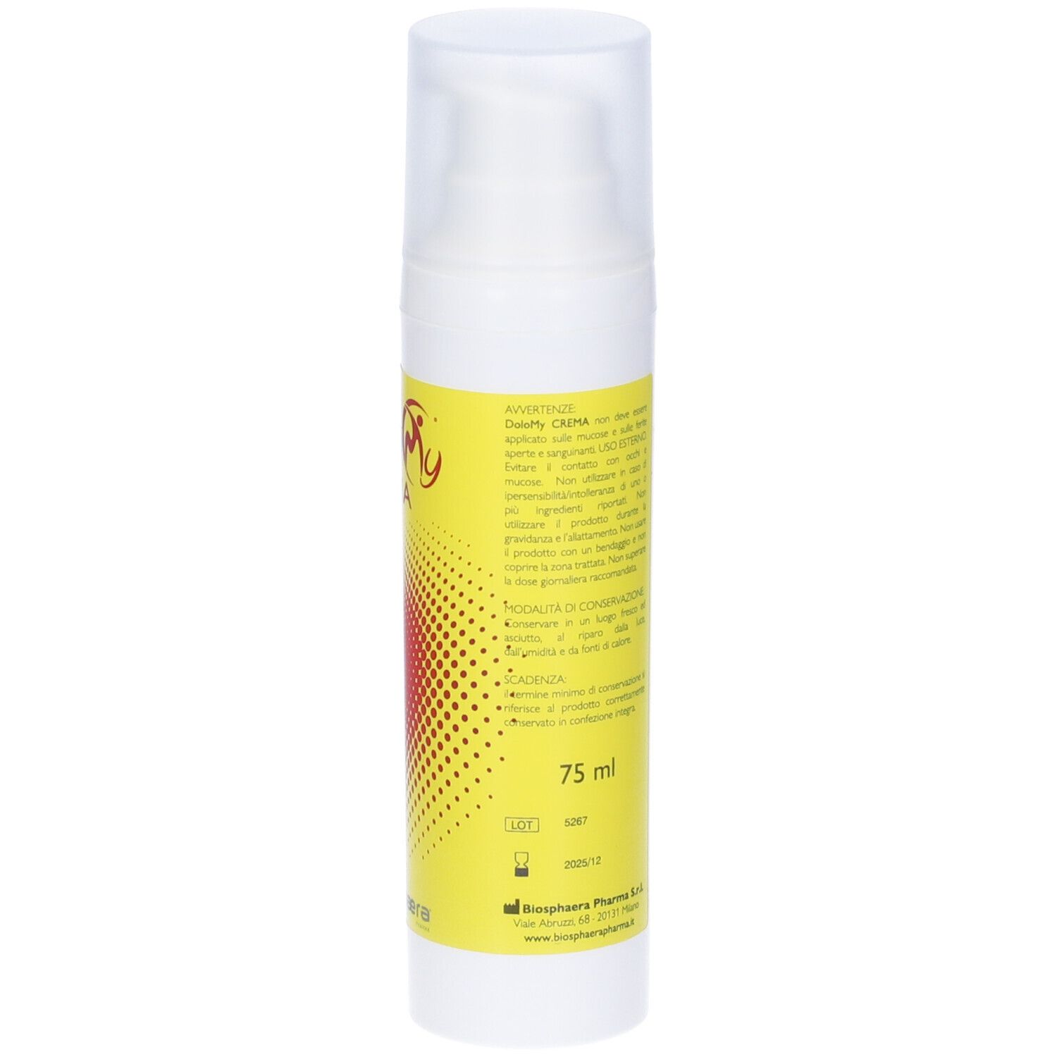 Flacone bianco con dosatore. Sfondo giallo con testo. Scritta: DoloMy Crema. Marchio CE.