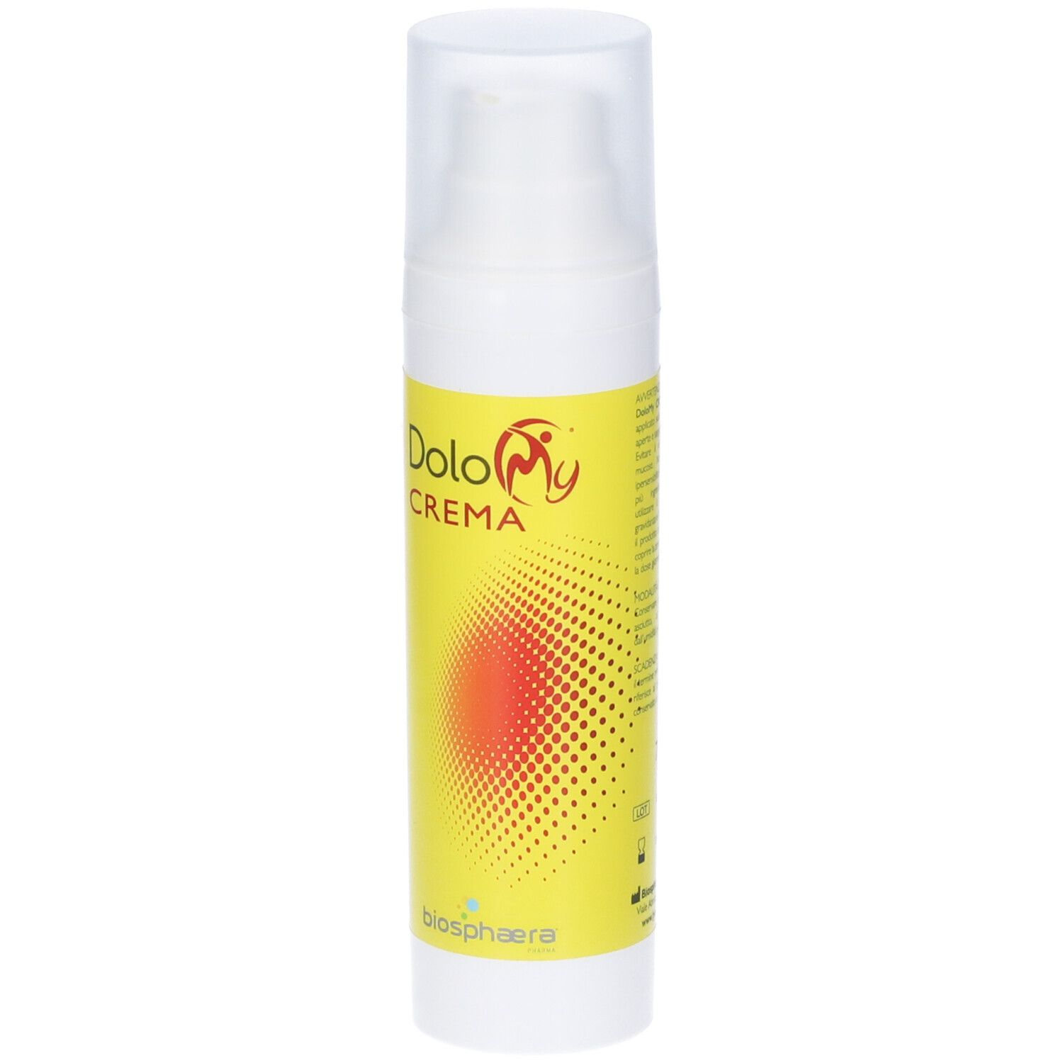 Flacone bianco con dosatore. Scritta: DoloMy Crema. Sfondo giallo con cerchio rosso.