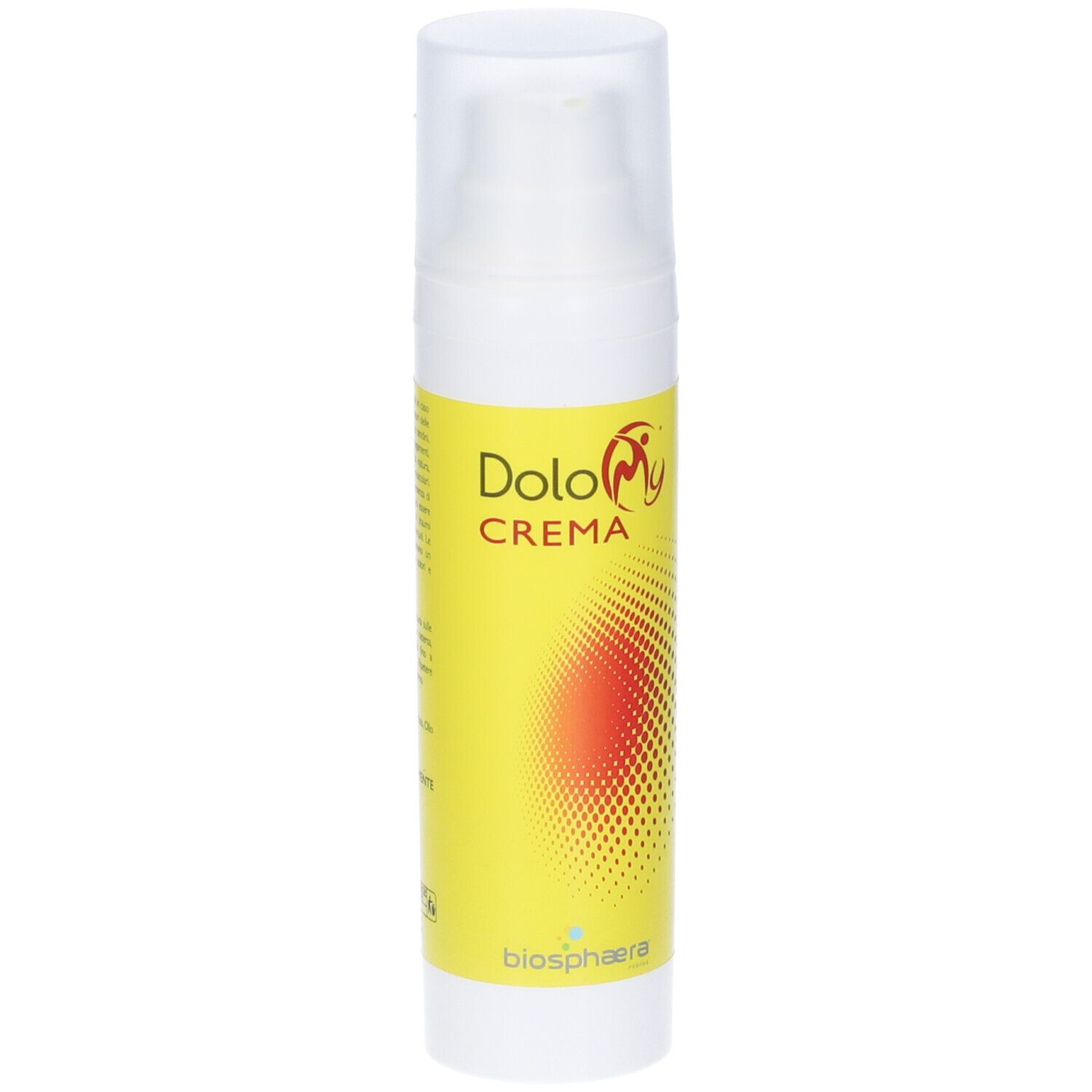 Flacone bianco con dosatore. Scritta: DoloMy Crema. Sfondo giallo con cerchio rosso.