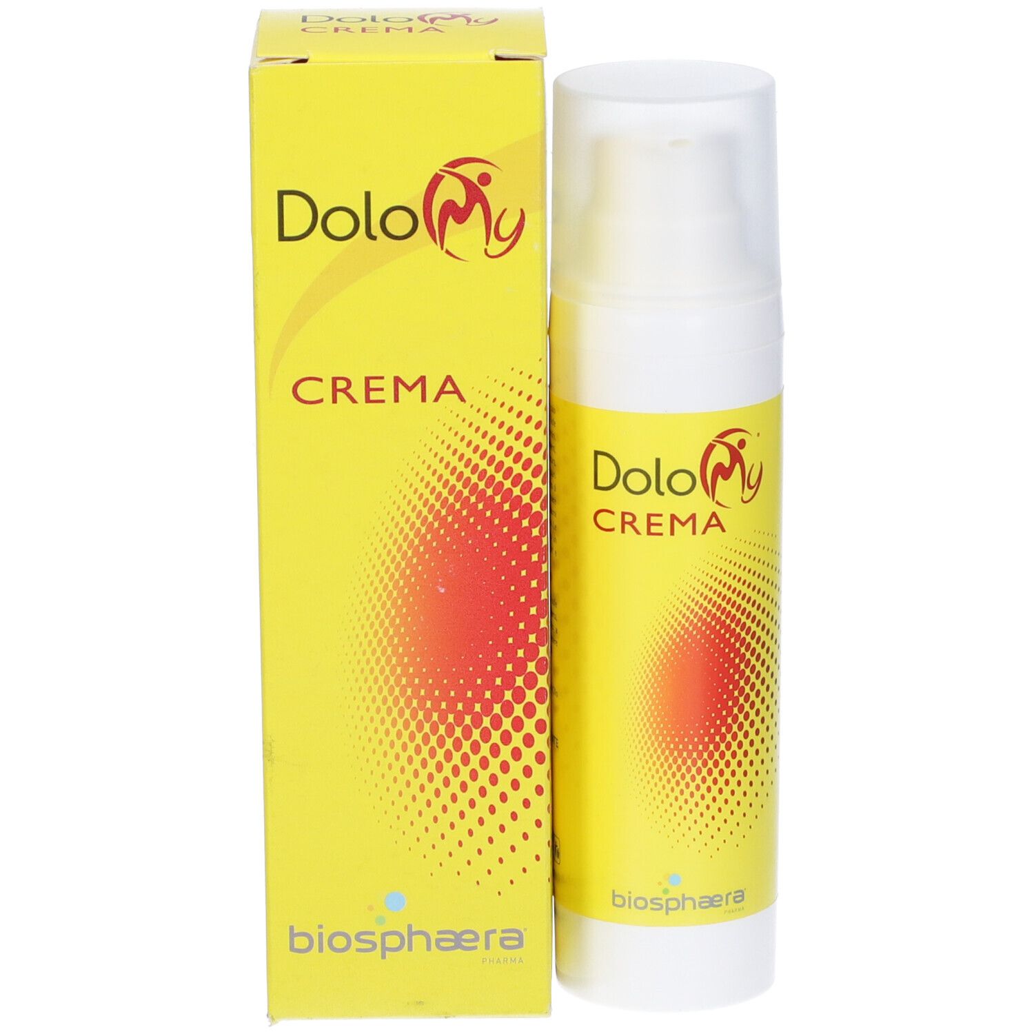Flacone giallo con dosatore e scatola gialla. Scritta: DoloMy Crema. Logo Biosphaera.