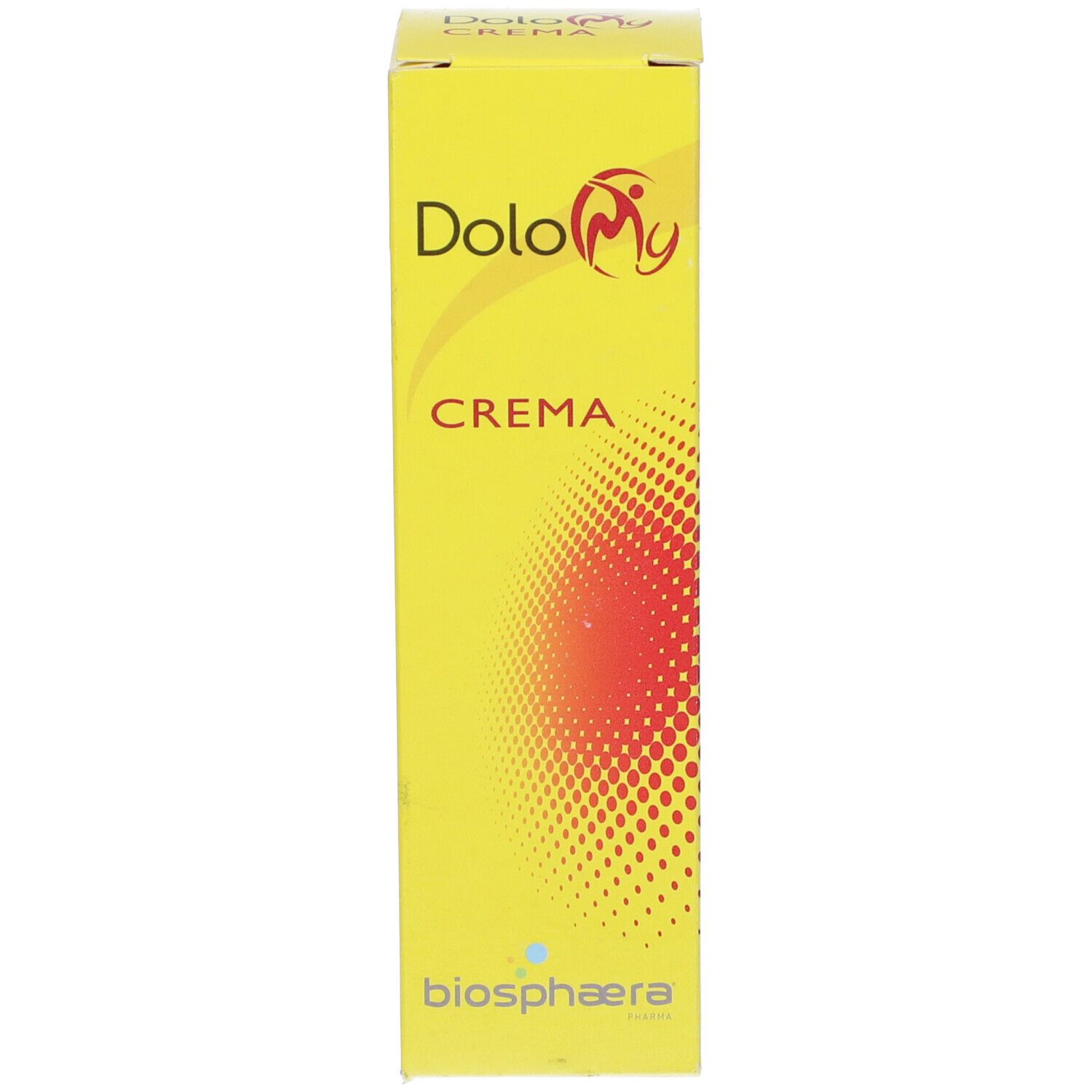 Scatola gialla. Scritta: DoloMy Crema. Logo Biosphaera. Cerchio rosso con punti.