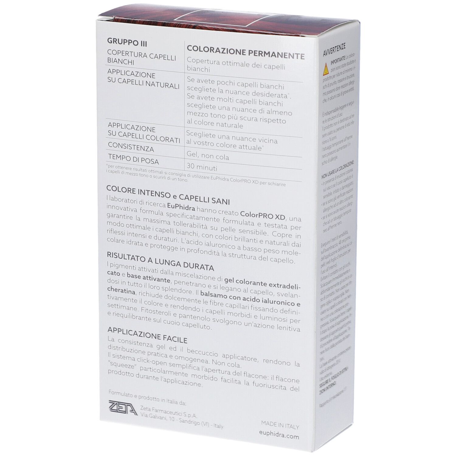 Verpackung für permanente Haarfarbe, mit Informationen zu Anwendung und Inhaltsstoffen.
