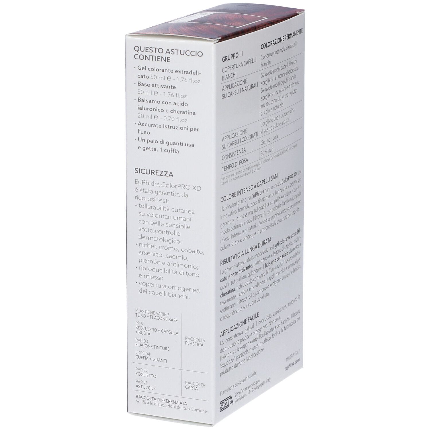 Verpackung für Haarfarbe mit Inhaltsangaben und Anwendungshinweisen.
