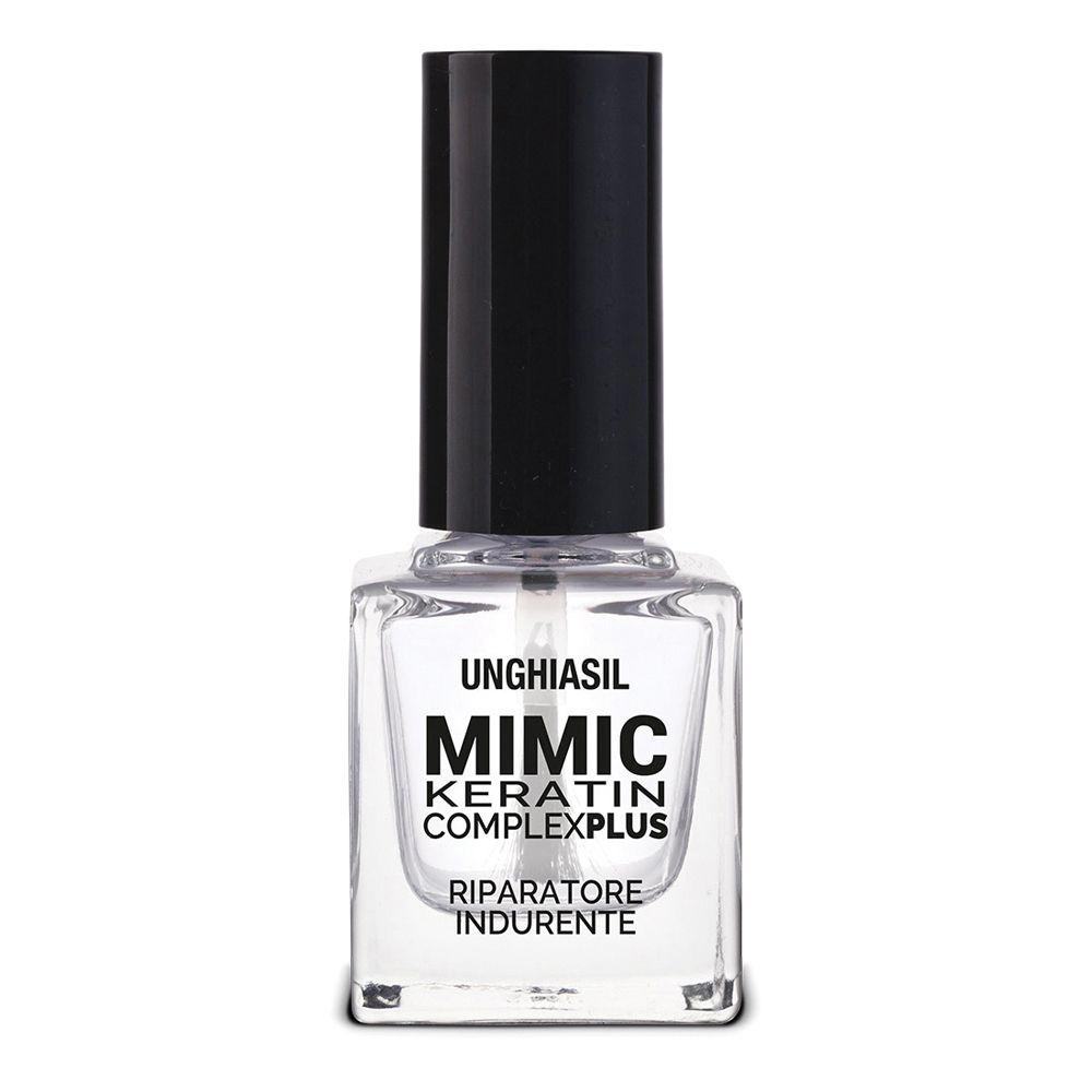Liquido trasparente in flacone quadrato di vetro con tappo nero. Scritta: Unghiasil MIMIC Keratin Complex Plus Riparatore Indurente.