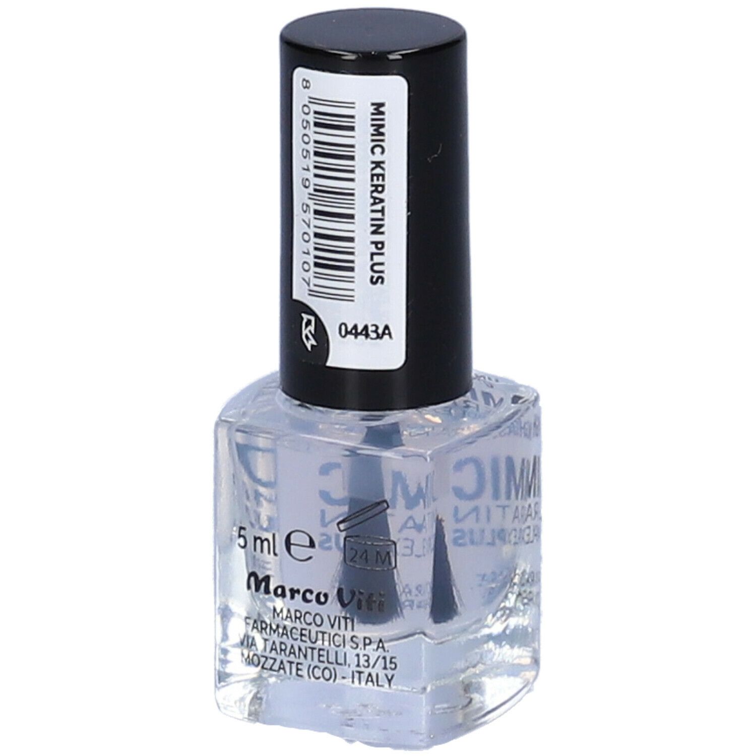 Flacone di smalto con tappo nero. Scritta: MIMIC Keratin Plus. Contiene 5 ml. Indirizzo del produttore.