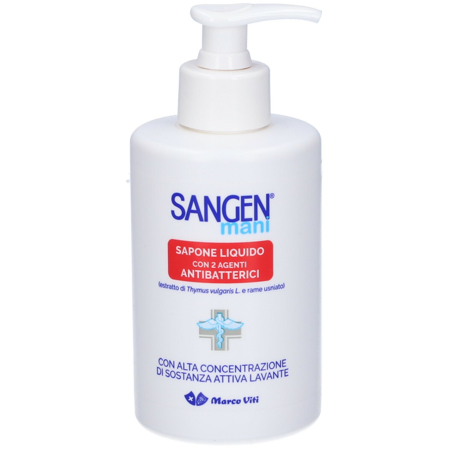 Flacone bianco con dosatore. Scritta: Sangen mani, Sapone Liquido, con 2 agenti antibatterici. Logo e testo.