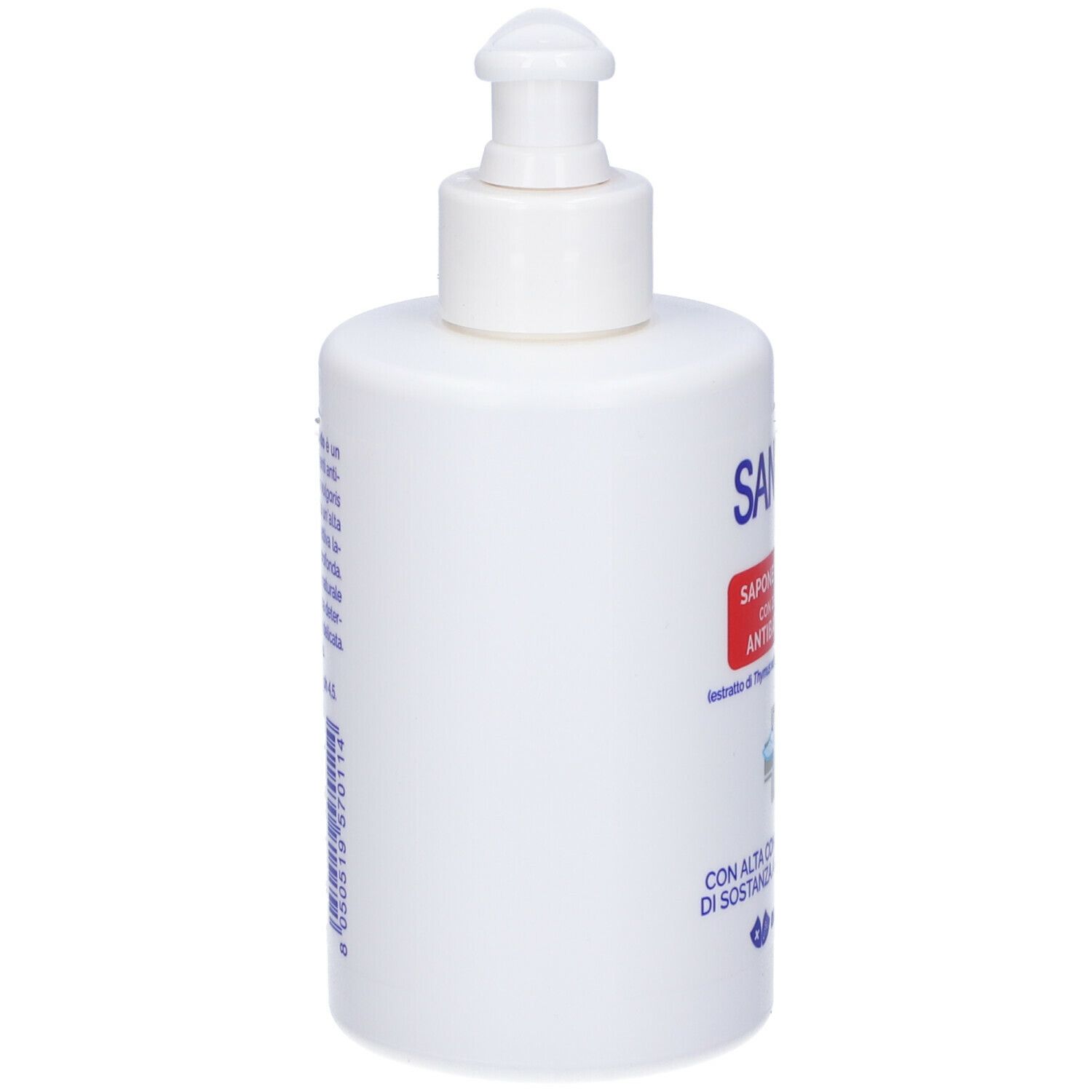Flacone bianco con dosatore, vista laterale. Scritta: Sangen mani, Sapone Liquido. Logo e testo.