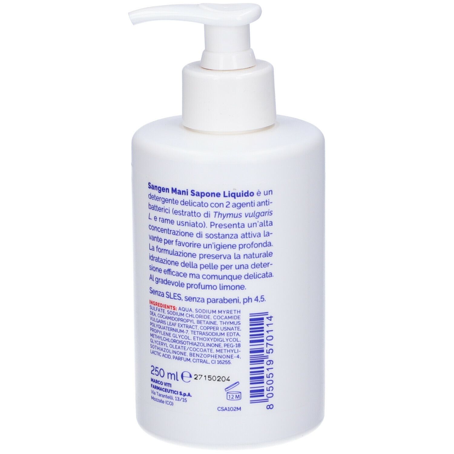 Flacone bianco con dosatore. Retro con testo e ingredienti. Volume: 250 ml. Codice a barre.