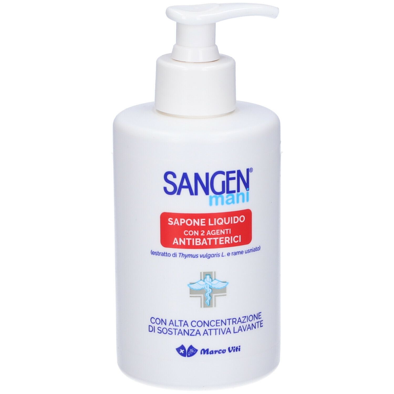 Flacone bianco con dosatore. Scritta: Sangen mani, Sapone Liquido, con 2 agenti antibatterici. Logo e testo.