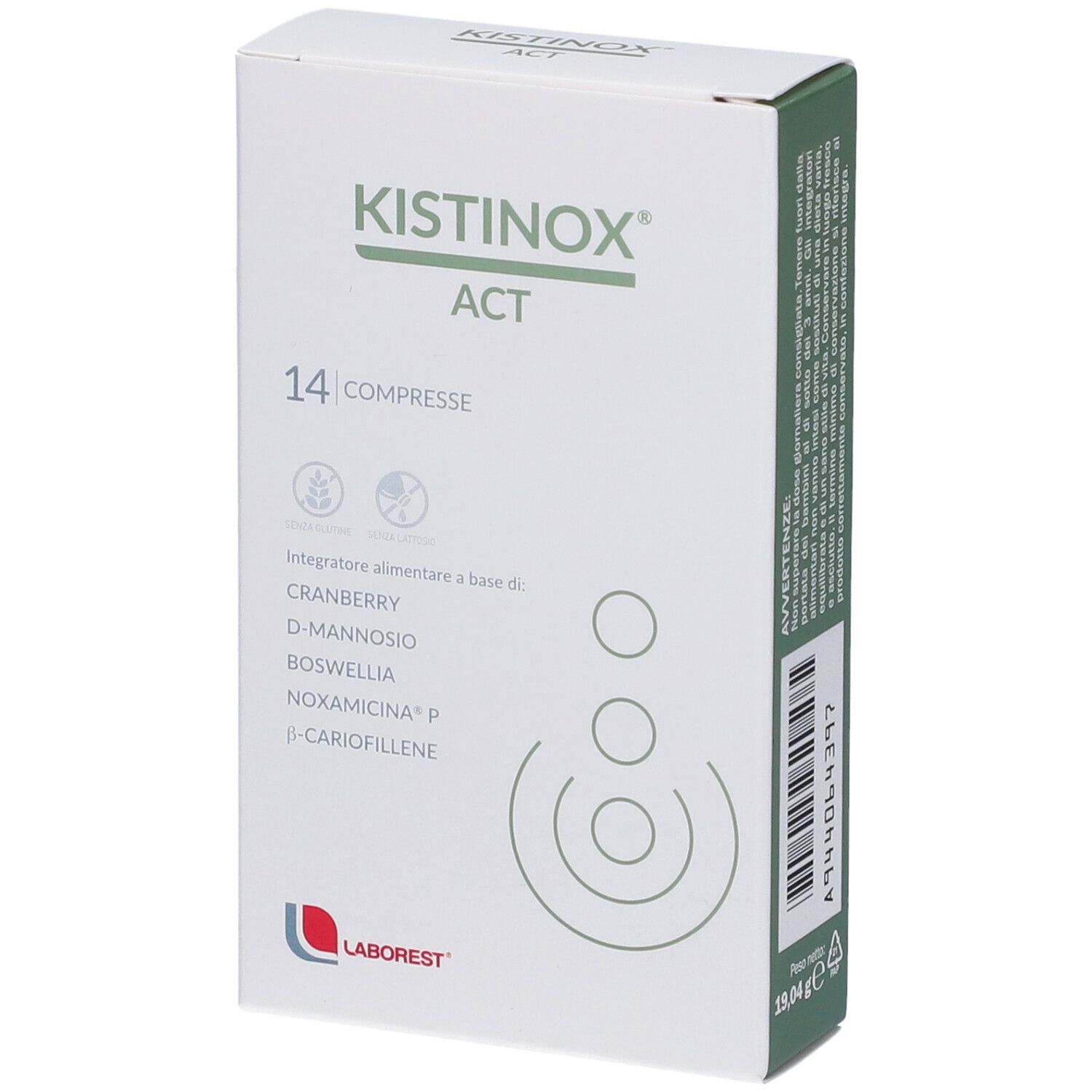 Confezione Kistinox ACT. 14 compresse. Ingredienti: Cranberry, D-Mannosio, Boswellia, Noxamicina P, β-Cariofillene. Logo Laborest.