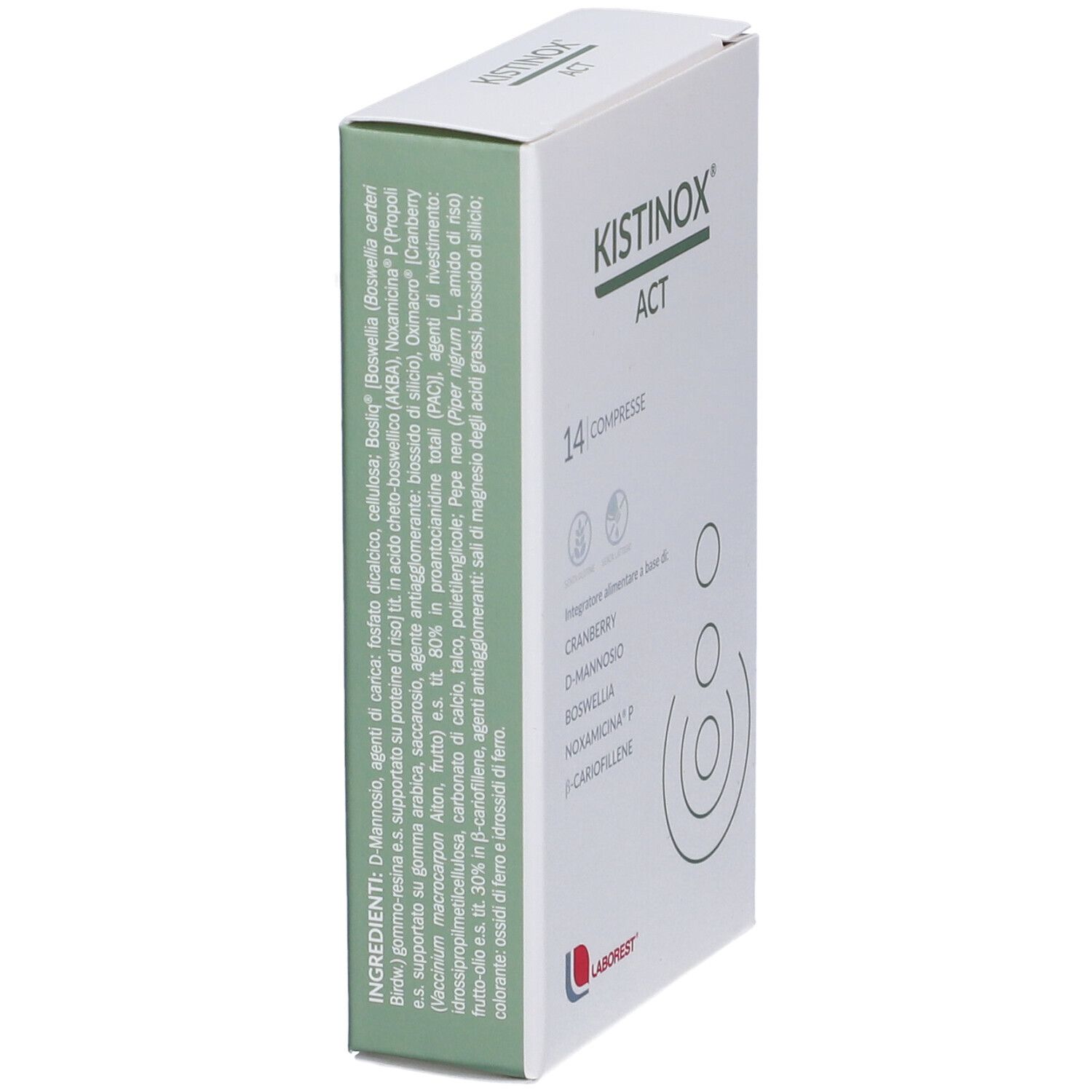 Lato della confezione Kistinox ACT. 14 compresse. Ingredienti: Cranberry, D-Mannosio, Boswellia, Noxamicina P, β-Cariofillene. Logo Laborest.