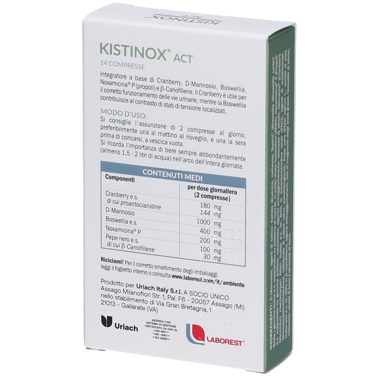 Retro della confezione Kistinox ACT. 14 compresse. Ingredienti e dosaggio. Informazioni del produttore. Logo Laborest.