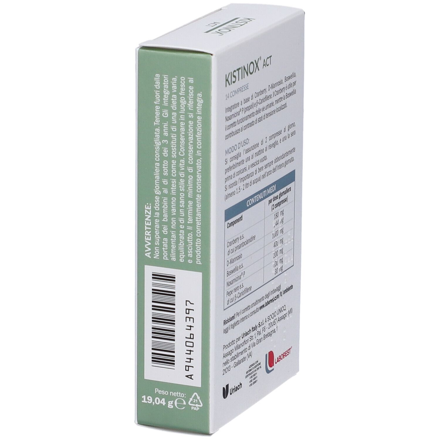 Retro della confezione Kistinox ACT. 14 compresse. Avvertenze, peso 19,04 g. Codice a barre. Logo Laborest.