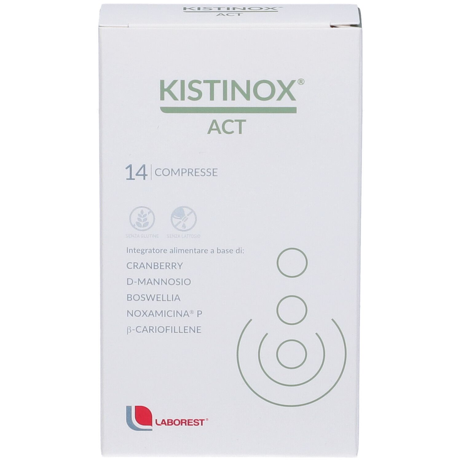 Confezione Kistinox ACT. 14 compresse. Ingredienti: Cranberry, D-Mannosio, Boswellia, Noxamicina P, β-Cariofillene. Logo Laborest.