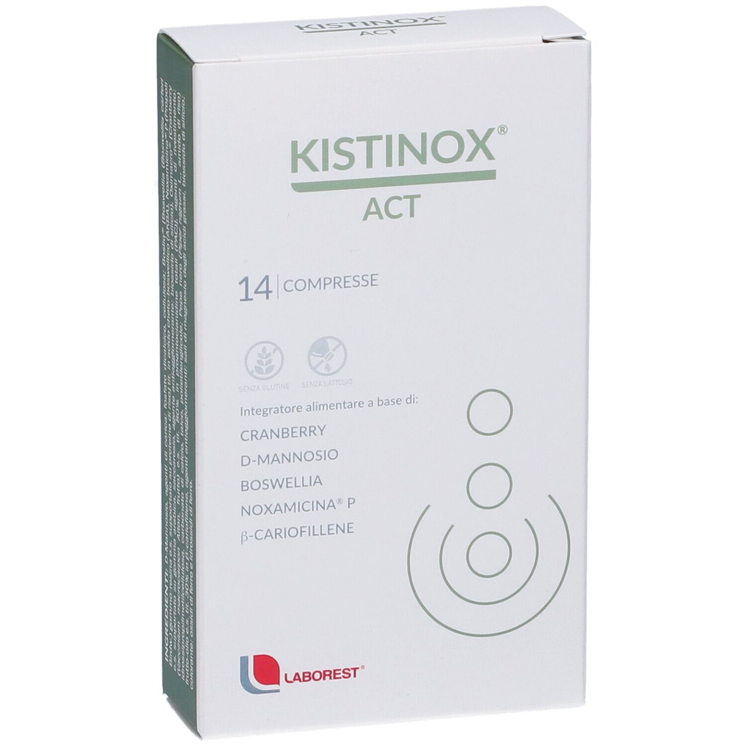 Confezione Kistinox ACT. 14 compresse. Ingredienti: Cranberry, D-Mannosio, Boswellia, Noxamicina P, β-Cariofillene. Logo Laborest.