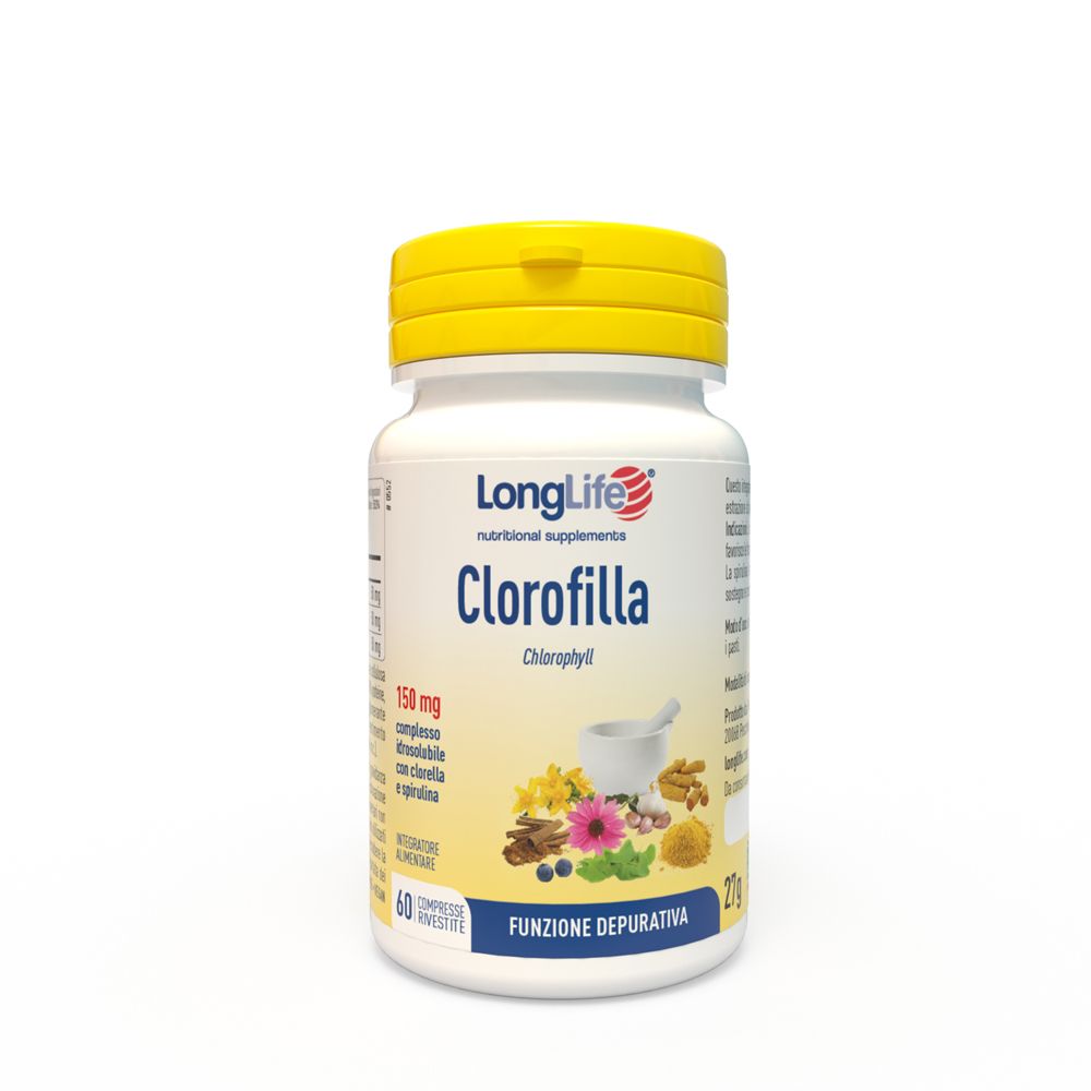 Weiße Flasche mit gelbem Deckel. Aufschrift: LongLife Clorofilla. Enthält 60 Tabletten. Mit Illustrationen.