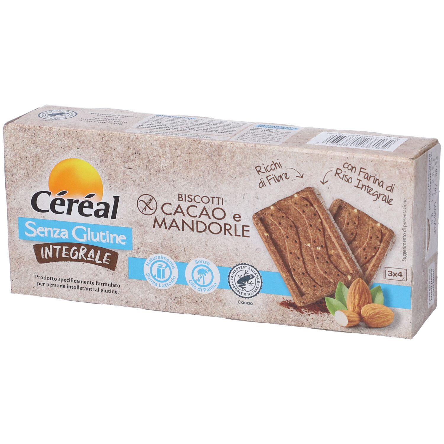 Confezione di biscotti Céréal Senza Glutine Integrale, cacao e mandorle. Immagine di biscotti e mandorle. Ricchi di fibre.