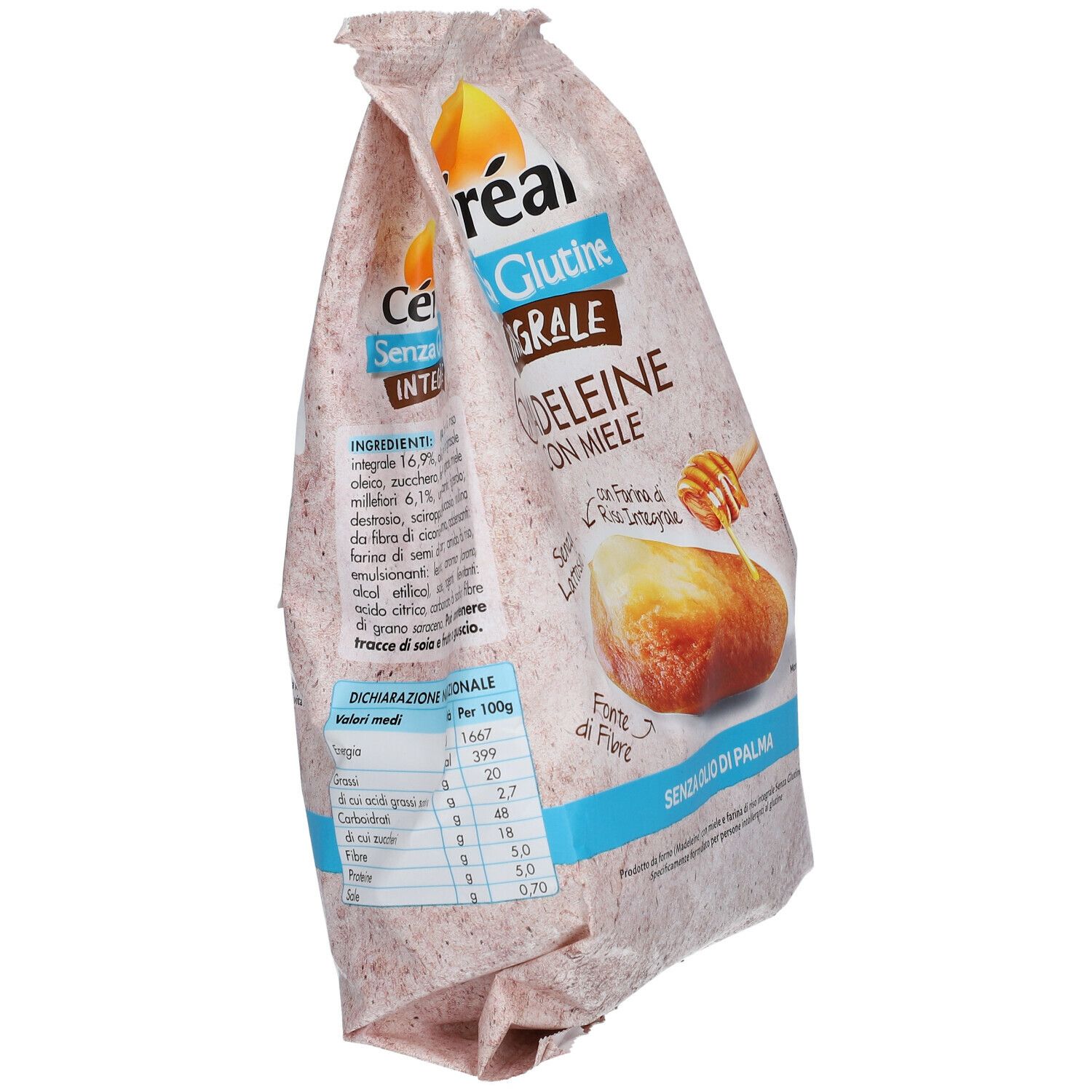Retro della confezione di Madeleine Céréal Senza Glutine Integrale. Contiene informazioni nutrizionali e lista ingredienti. Senza glutine, lattosio, olio di palma.