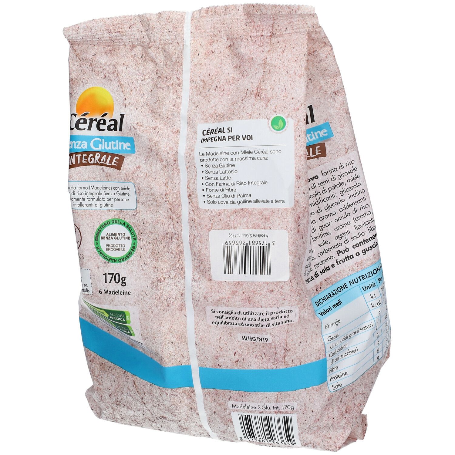Retro della confezione di Madeleine Céréal Senza Glutine Integrale. Contiene informazioni senza glutine, 170g, 6 madeleine.