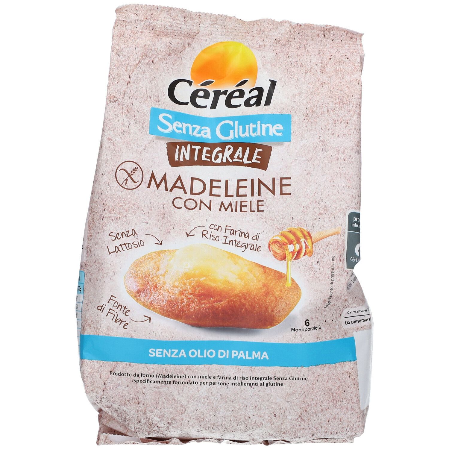 Confezione di Madeleine Céréal Senza Glutine Integrale con miele. Scritte: Senza Glutine, Integrale, Senza Olio di Palma. 6 porzioni.